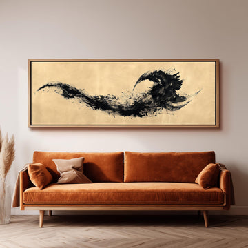 a large, abstract painting hanging on a wall above a brown sofa in a living room setting.