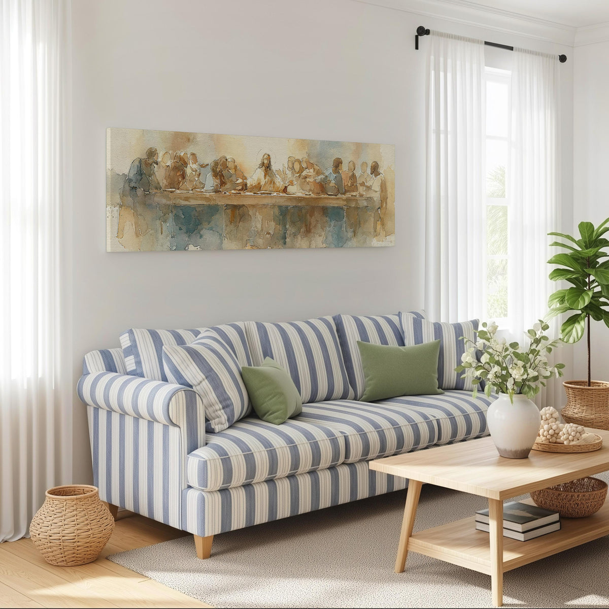 The Last Supper in watercolor long horizontal canvas print displayed on a wall