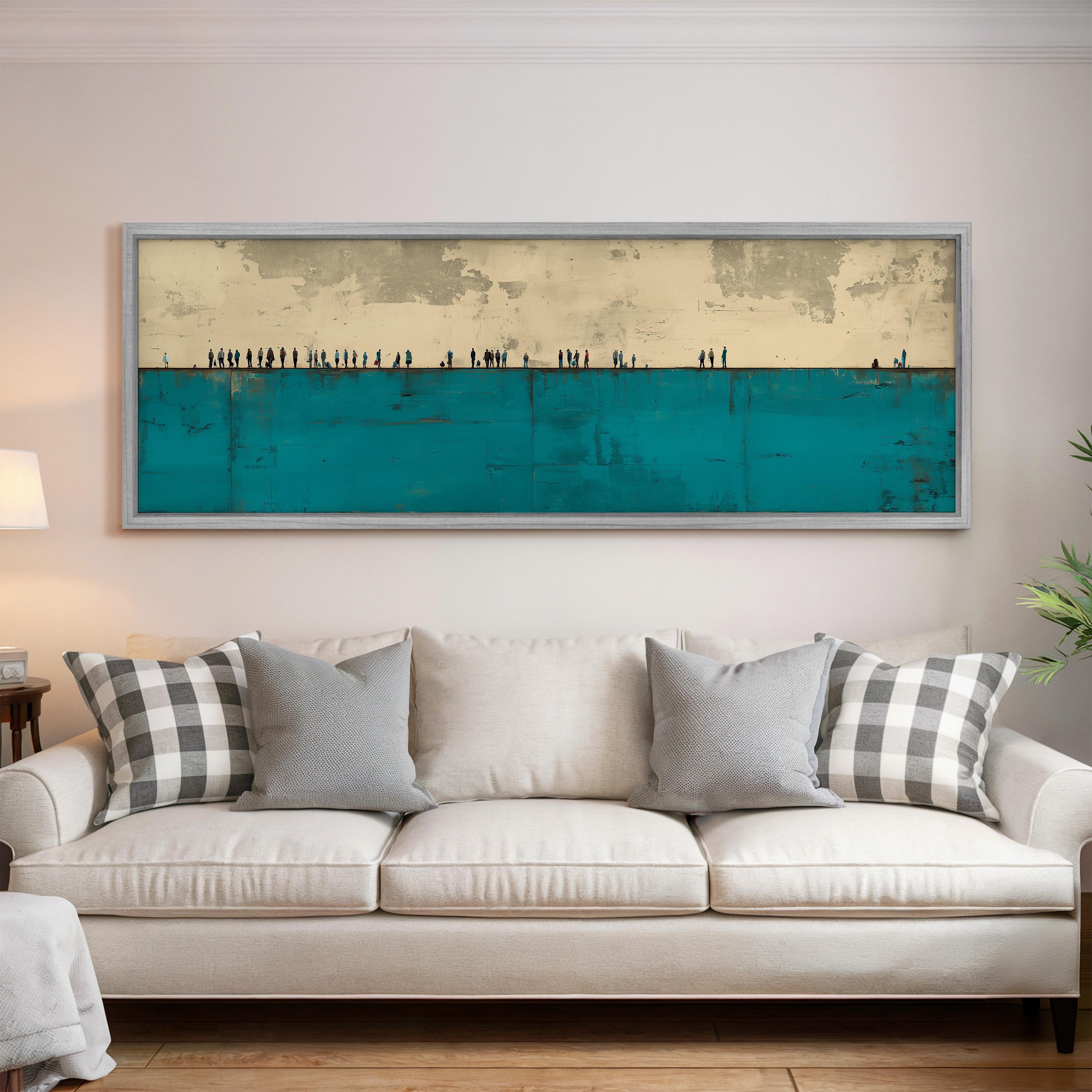 a large, framed painting hanging on a wall above a white couch with gray and white plaid throw pillows.