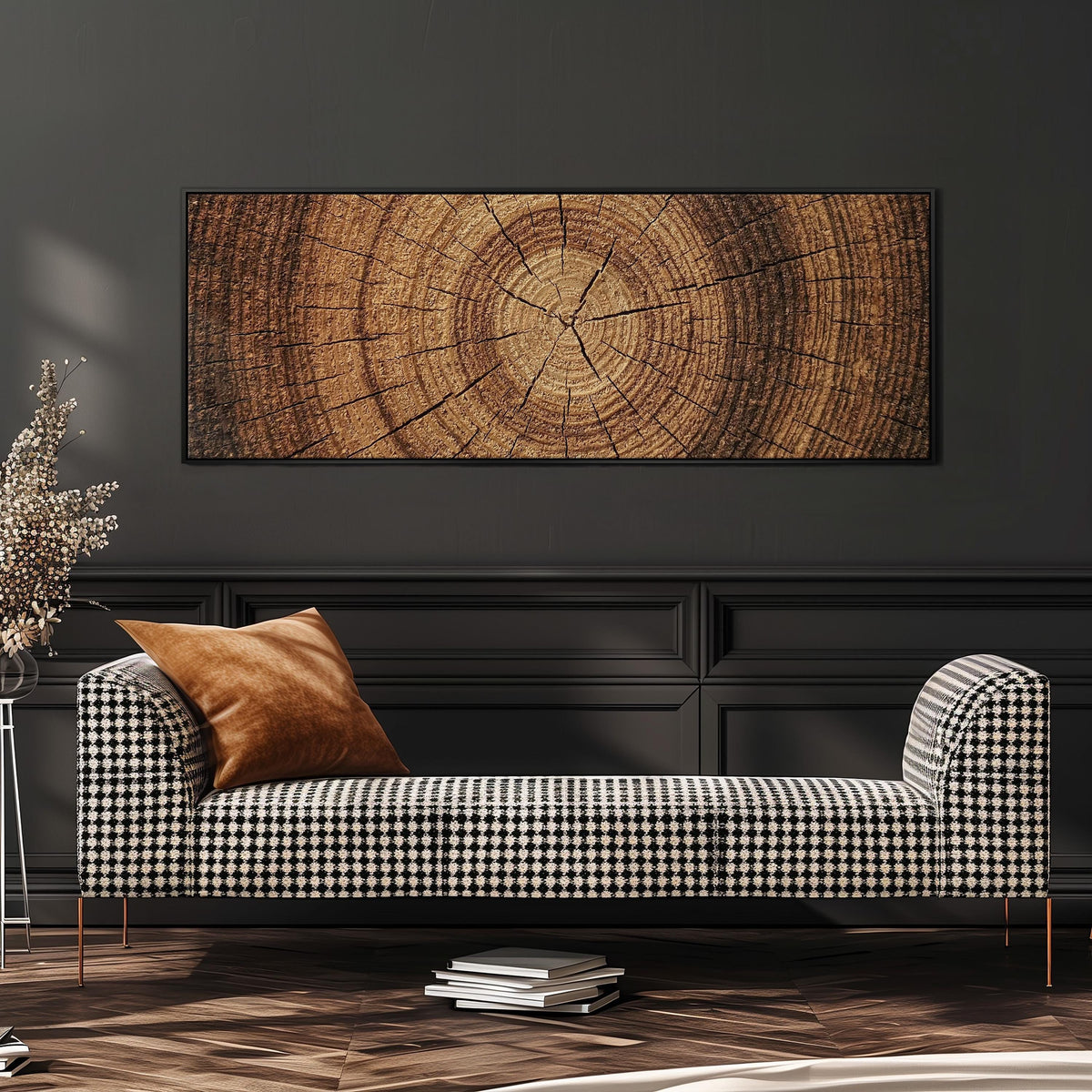 Warm oak wood ring wide panoramic canvas print above a bench in a dark living room