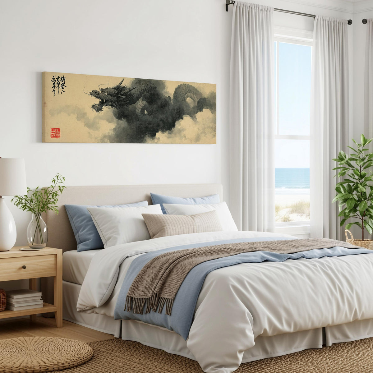 Ink dragon in the clouds panoramic canvas print above a bed in a coastal bedroom