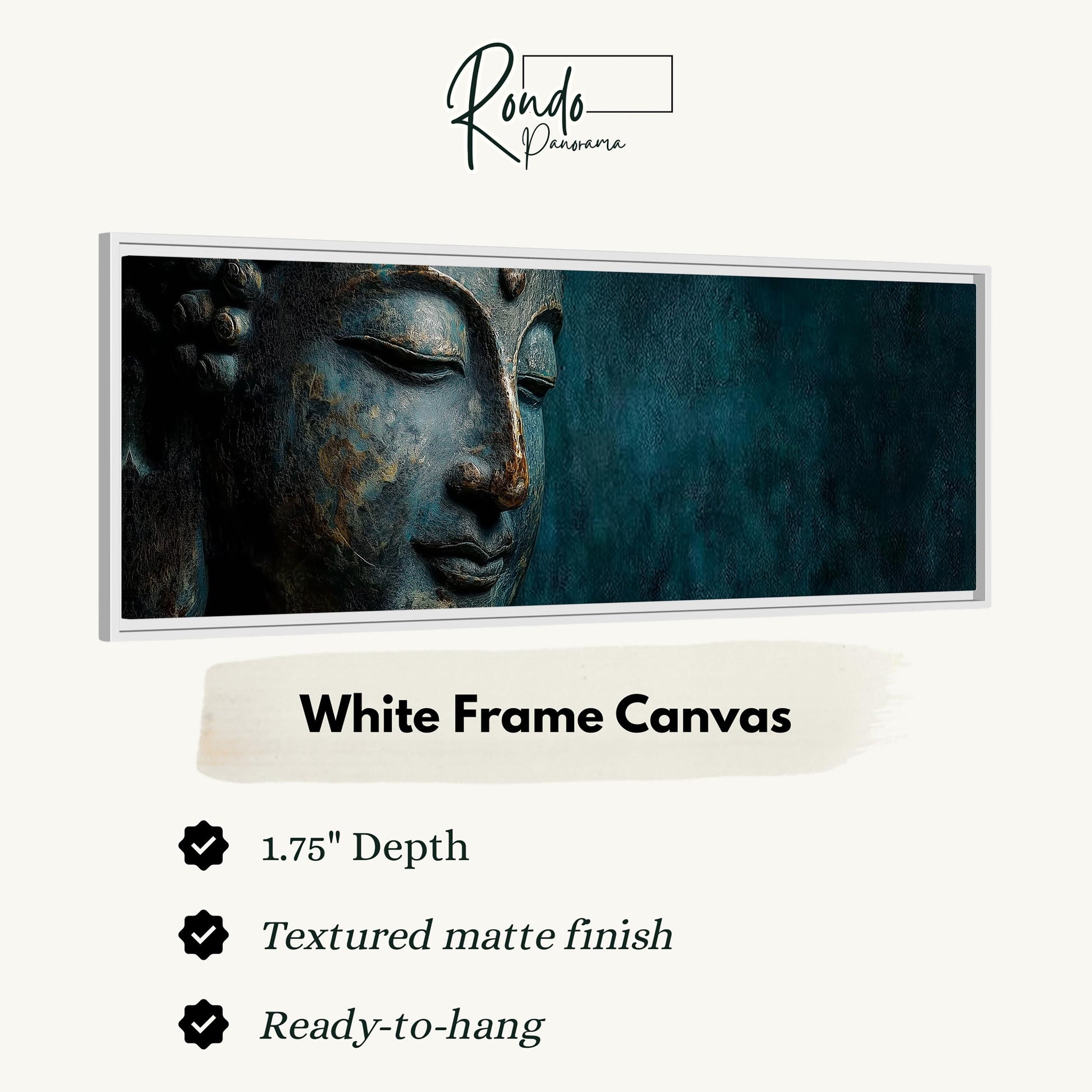 a close-up of a Buddha statue in a white frame, with a text box providing information about the frame and the artwork.