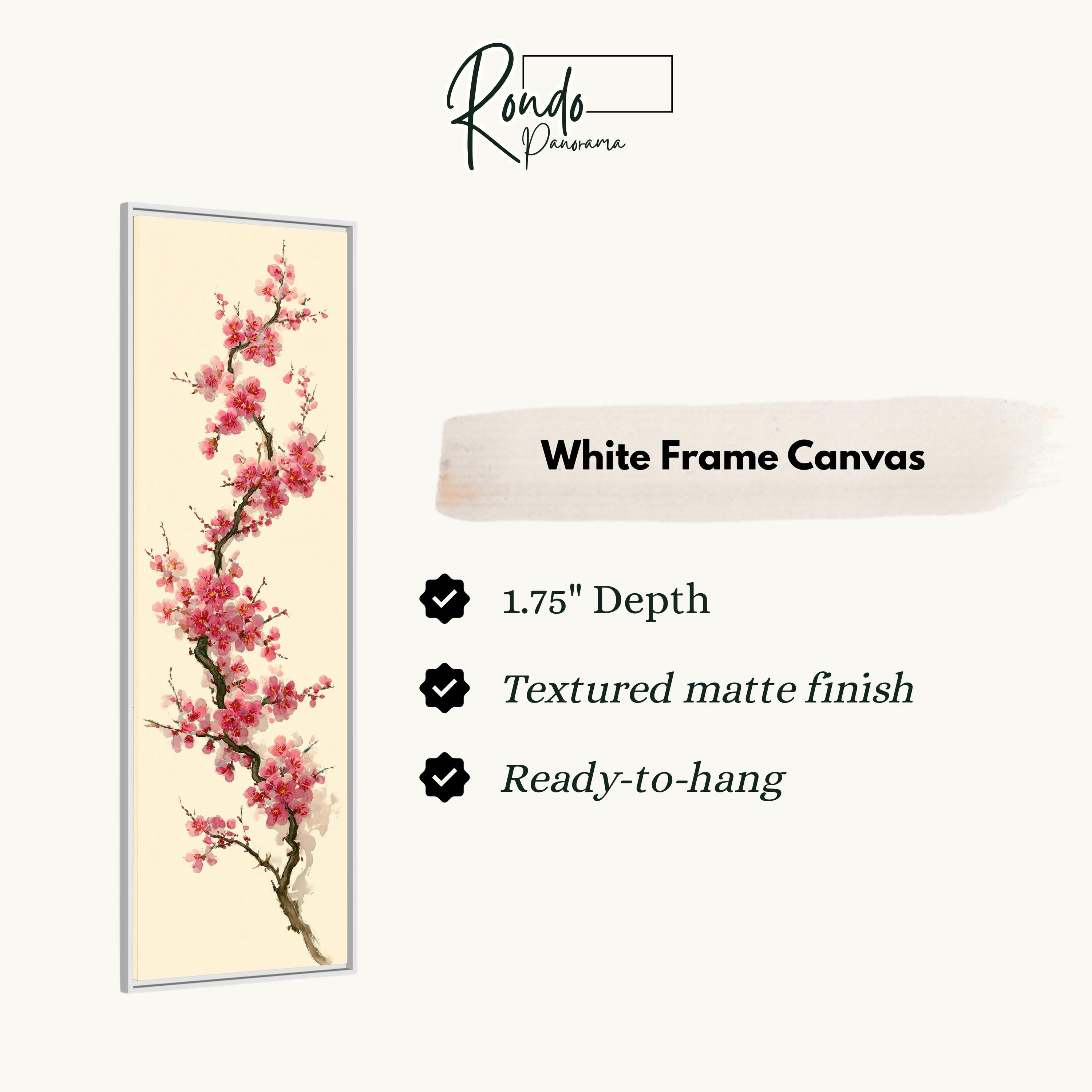 a white frame canvas with a vertical arrangement of pink flowers on a white background.