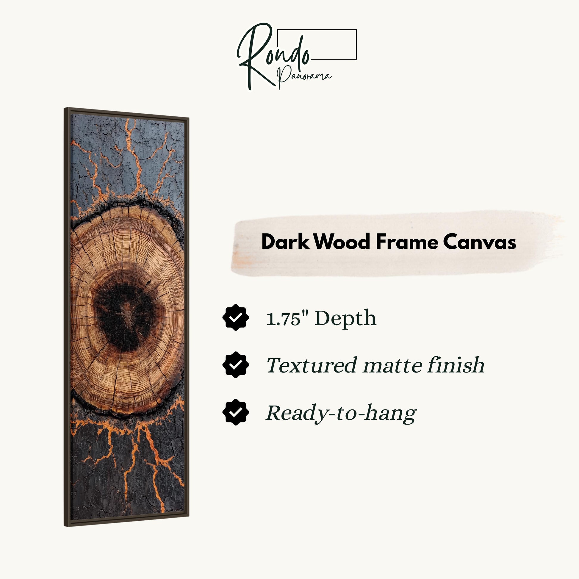 The image is a dark wood frame canvas with a striking design featuring a tree trunk with cracks and lightning bolts. The canvas is described as having a 1.75" depth, a textured matte finish, and is ready to hang.