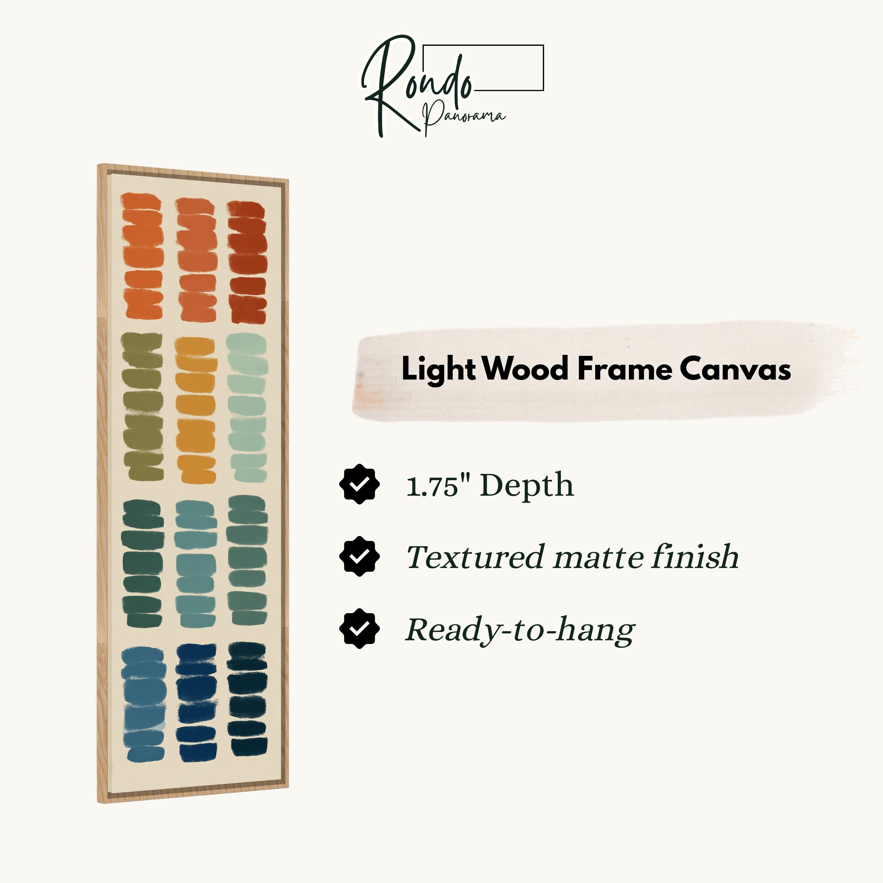 The image is a product description for a light wood frame canvas. It features a vertical arrangement of various colored paint strokes, with a 1.75" depth and a textured matte finish. The canvas is ready to hang.