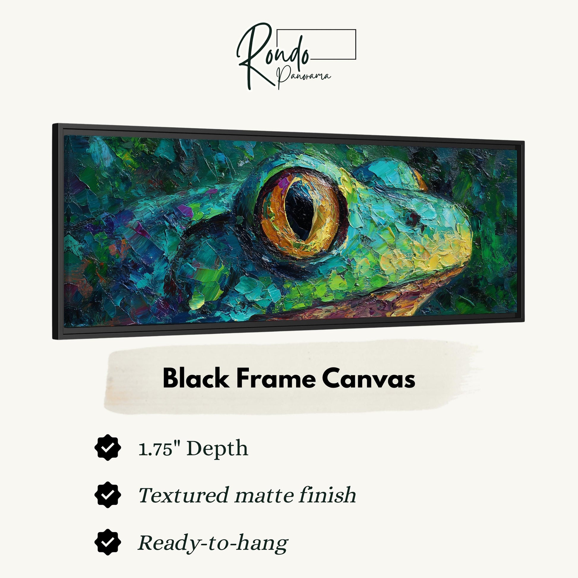 a close-up of a vibrant, colorful painting of a frog's eye, with a black frame.