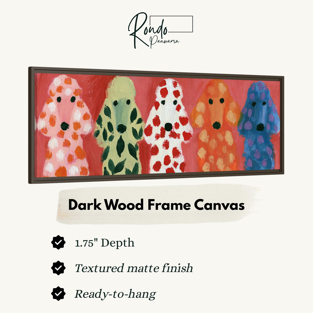 Five colorful poodles canvas print in a dark wood floating frame