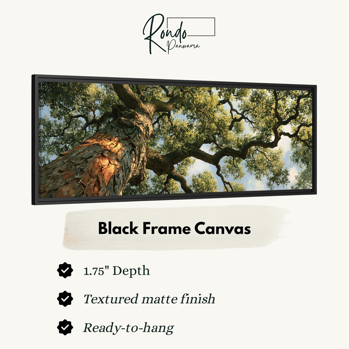 Ancient oak trunk and branches seen from below canvas print in a black floating frame