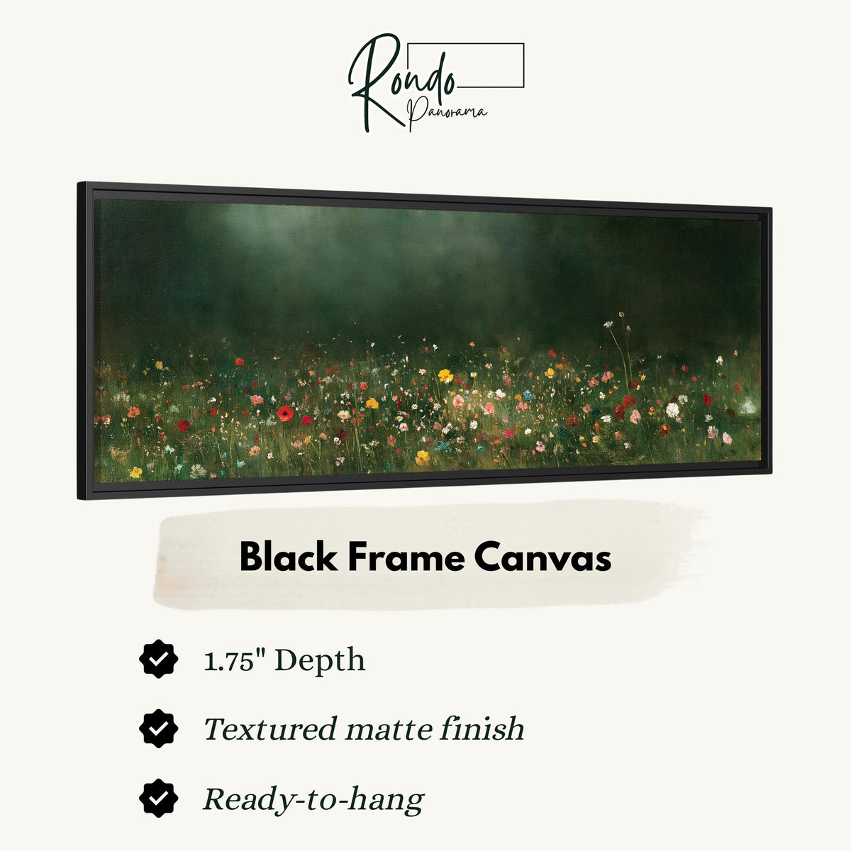 Wildflower meadow at the edge of a dark forest canvas print in a black floating frame