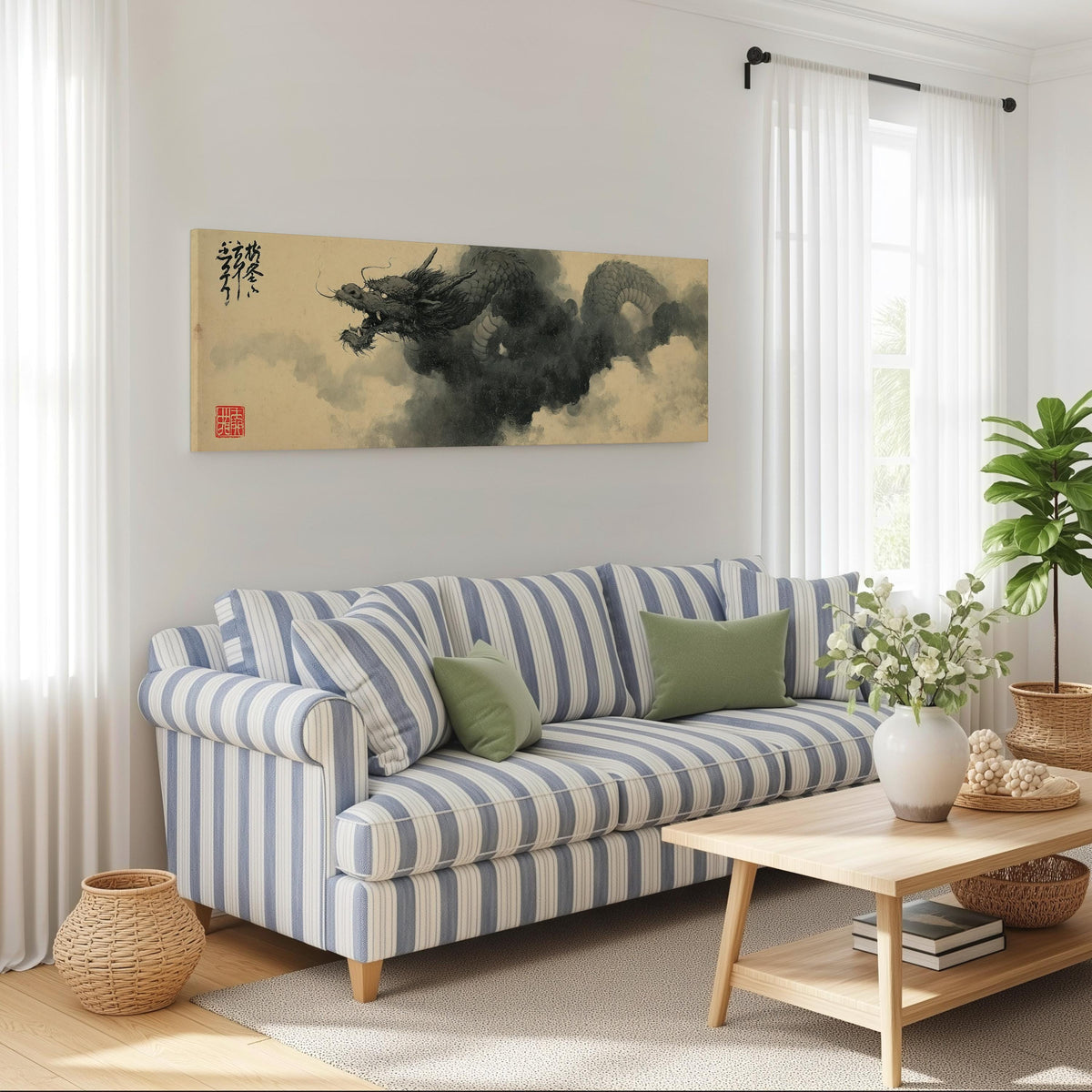 Ink dragon in the clouds long horizontal canvas print above a striped sofa in a coastal living room