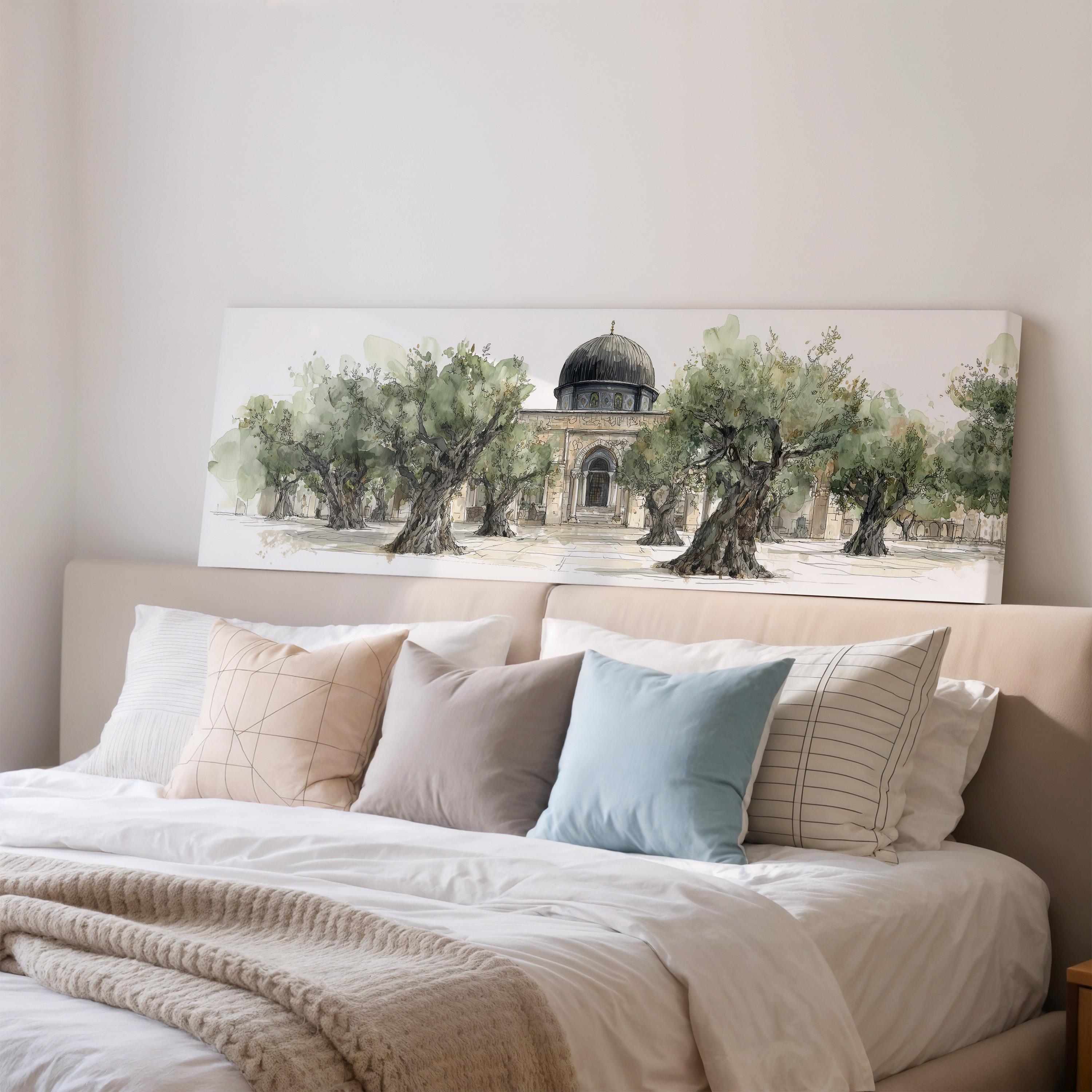 a large painting of a building with a dome, displayed on a wall above a bed with white bedding and pillows.