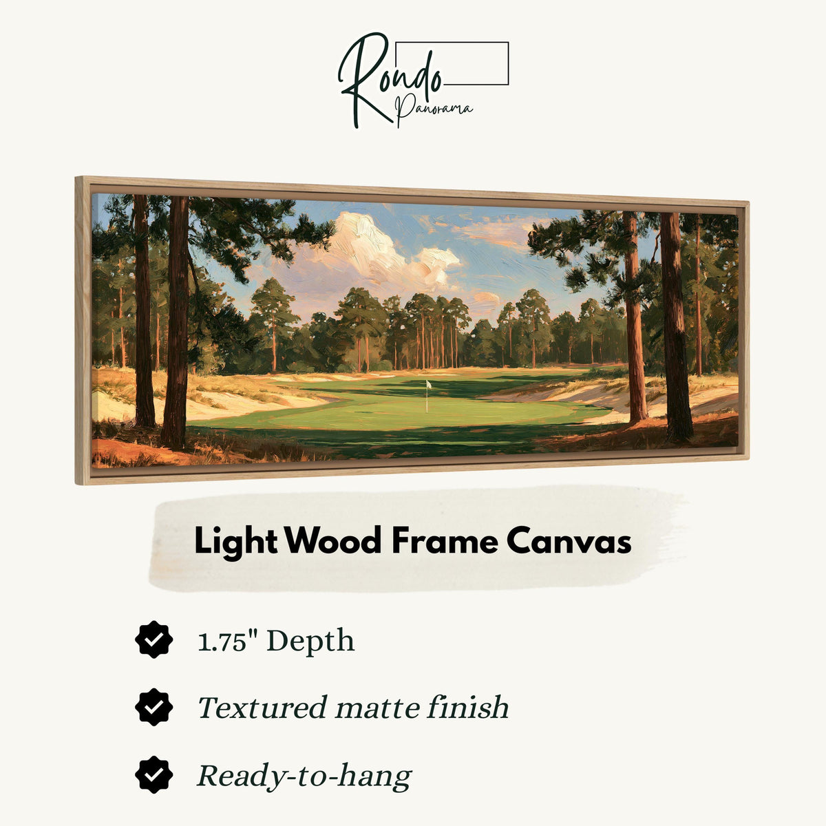 Golf fairway lined with tall pines canvas print in a light wood floating frame