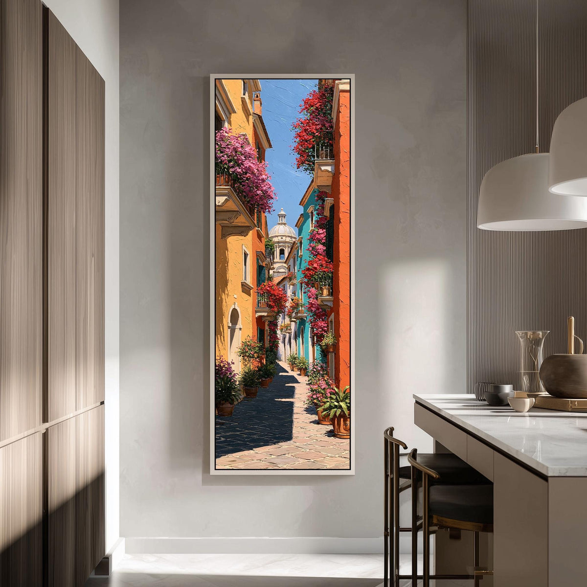 Colorful street with flowered balconies tall skinny canvas print in a modern kitchen