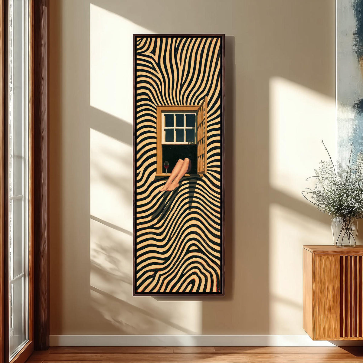Woman sitting in a window on a swirling striped wall tall skinny canvas print in a sunlit living space