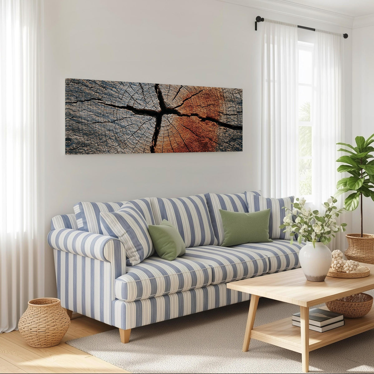 Copper cracked wood grain long horizontal canvas print above a striped sofa in a coastal living room