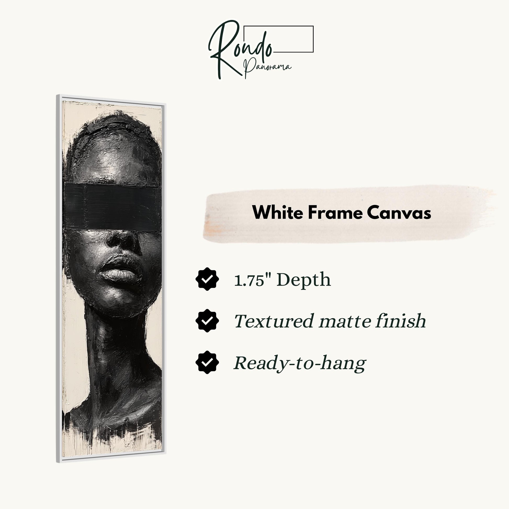 The image is a white frame canvas depicting a woman's face with a blindfold.