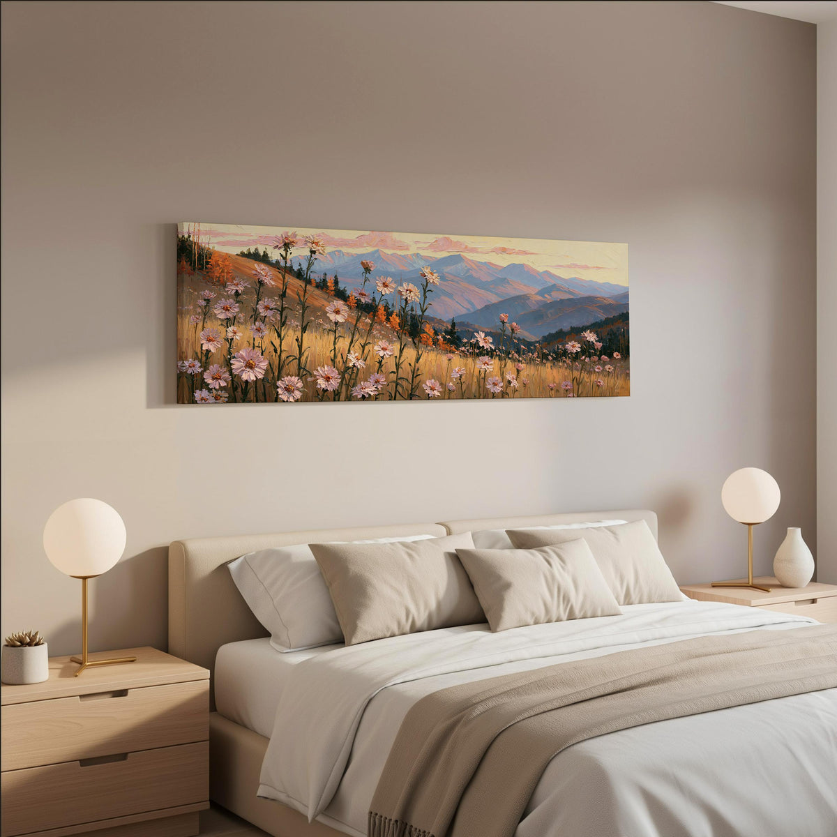 Wildflower meadow with mountains wide panoramic canvas print above a bed in a neutral bedroom
