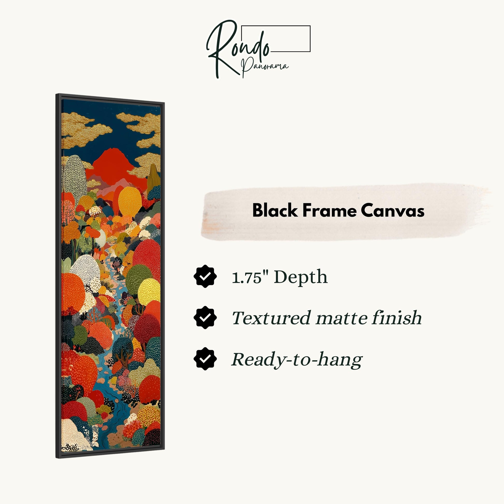 The image is a black frame canvas with a vibrant, colorful abstract painting depicting a lush, tropical landscape.