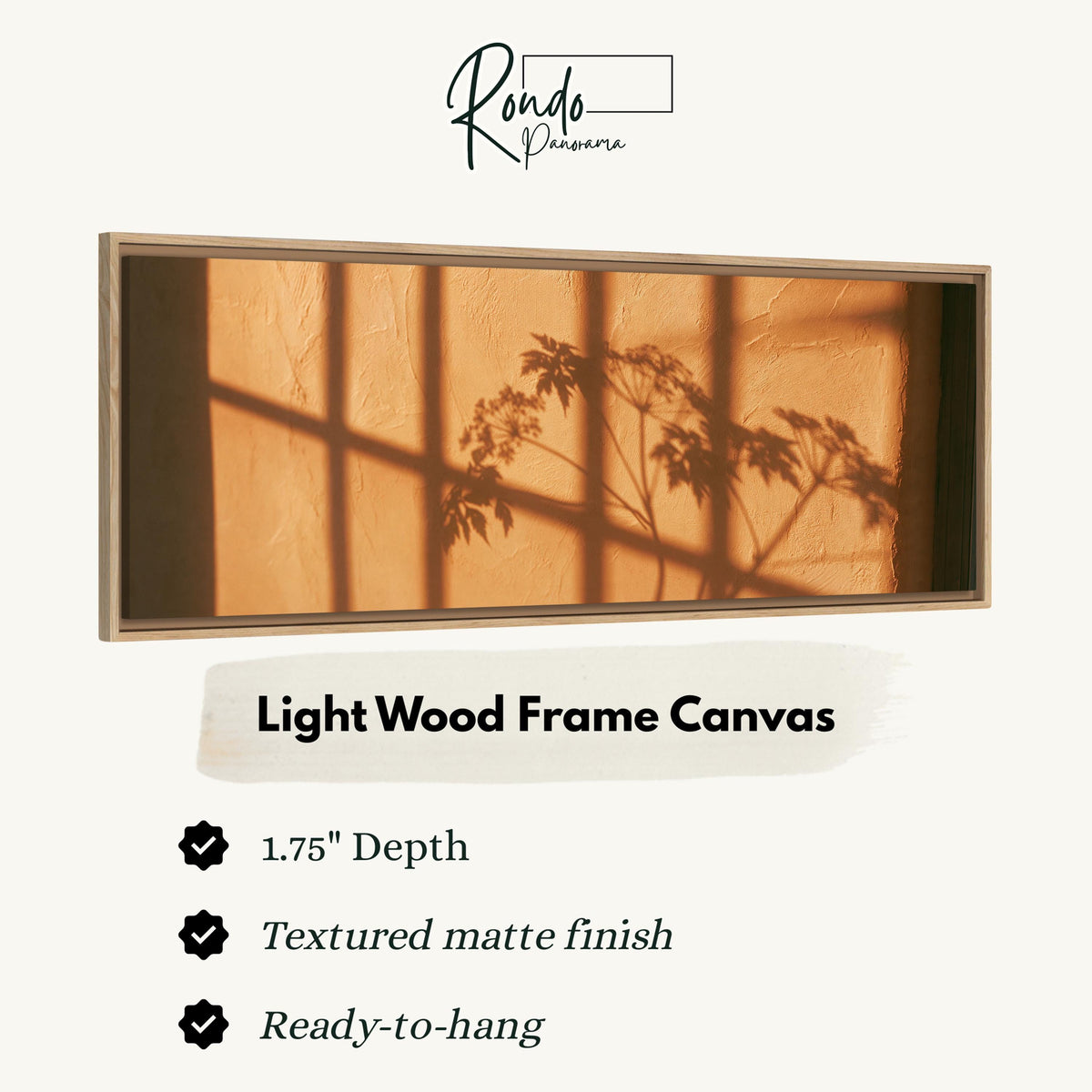 Plant and window shadows on a terracotta wall canvas print in a light wood floating frame