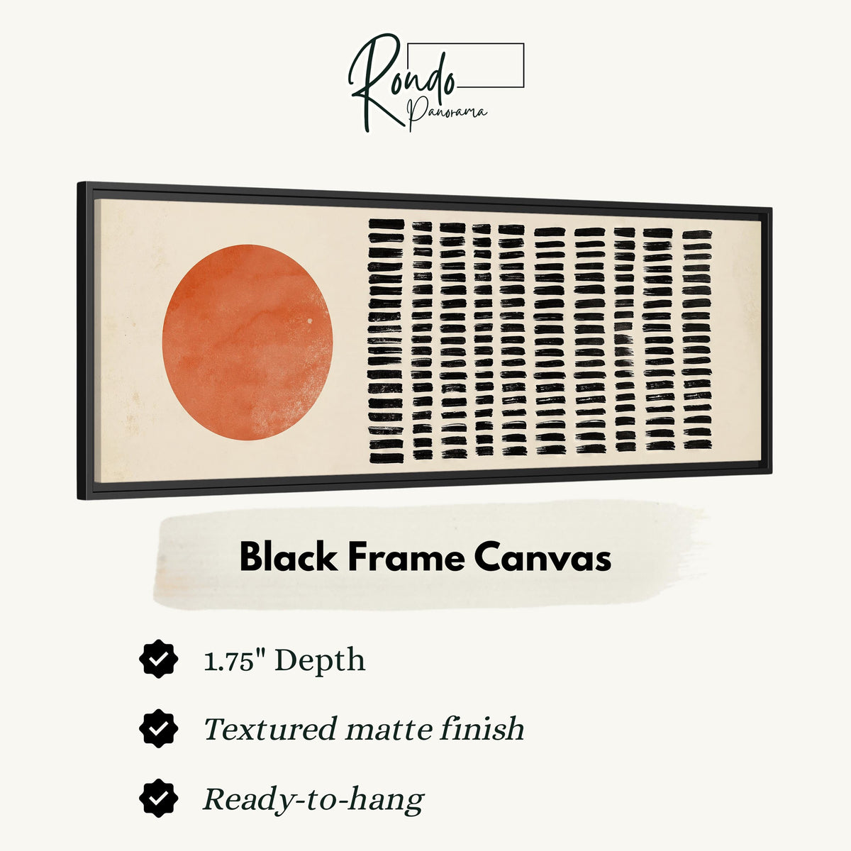 Orange sun beside rows of black dashes canvas print in a black floating frame