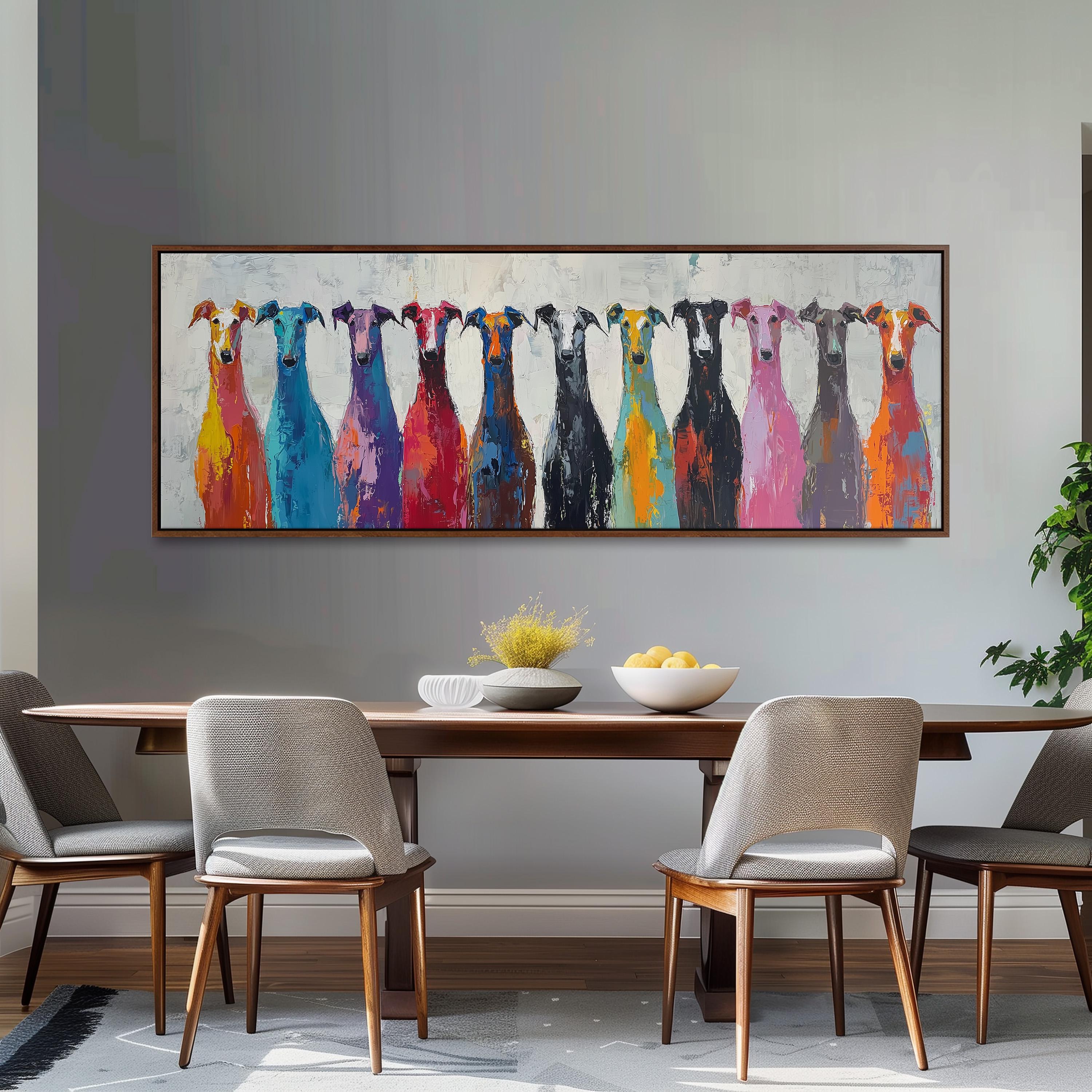 a dining room with a large painting of colorful dogs hanging on the wall above a wooden dining table with four chairs.