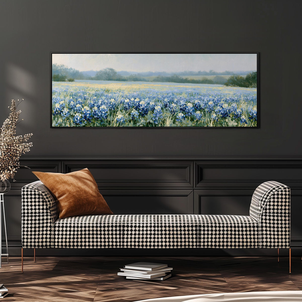 Field of bluebonnets wide panoramic canvas print above a bench in a dark living room