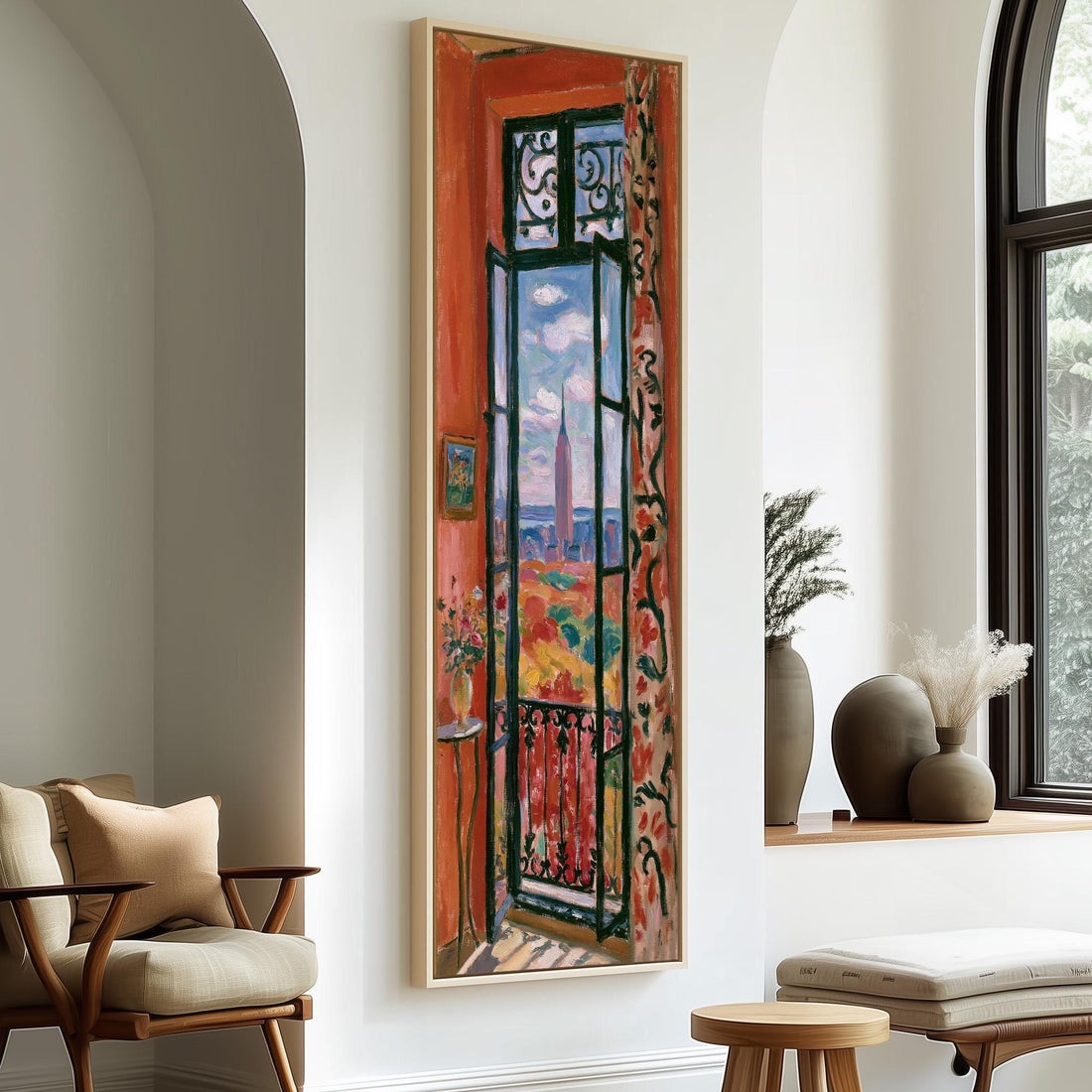 Empire State Building through a tall window long vertical canvas print in a sunlit living space