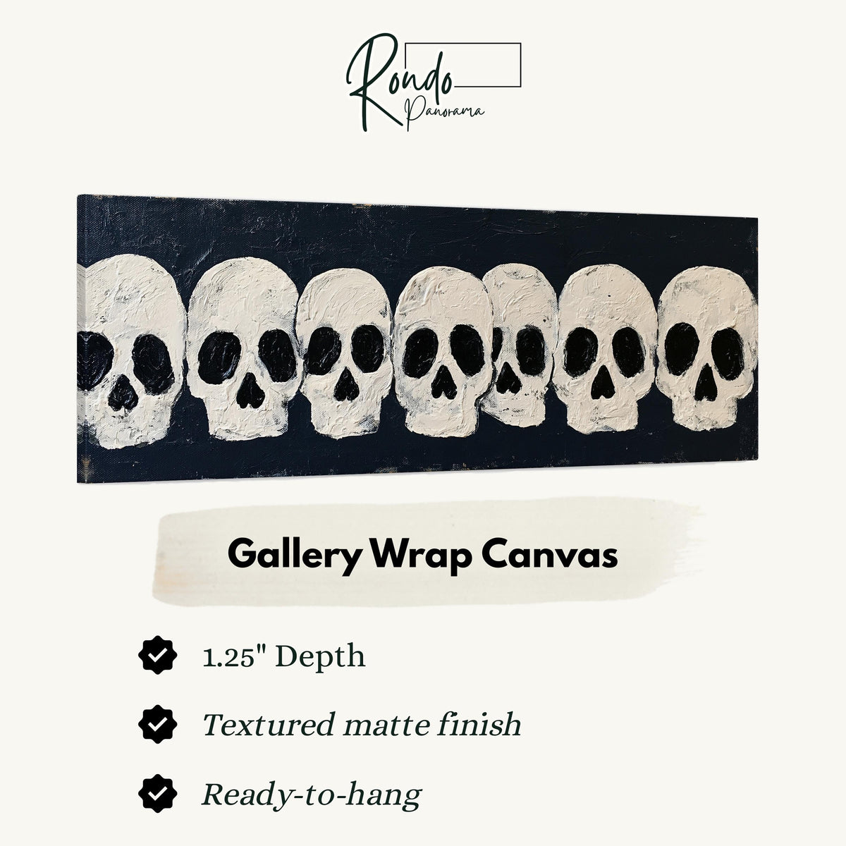 Row of white skulls on navy gallery wrap canvas with the image wrapped around the edges