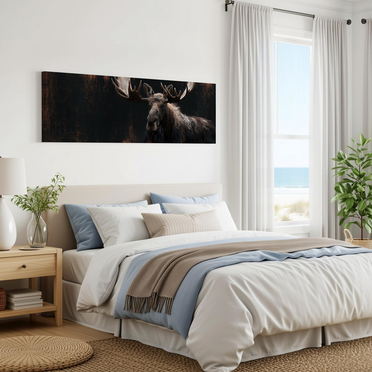 Dark moose portrait panoramic canvas print above a bed in a coastal bedroom