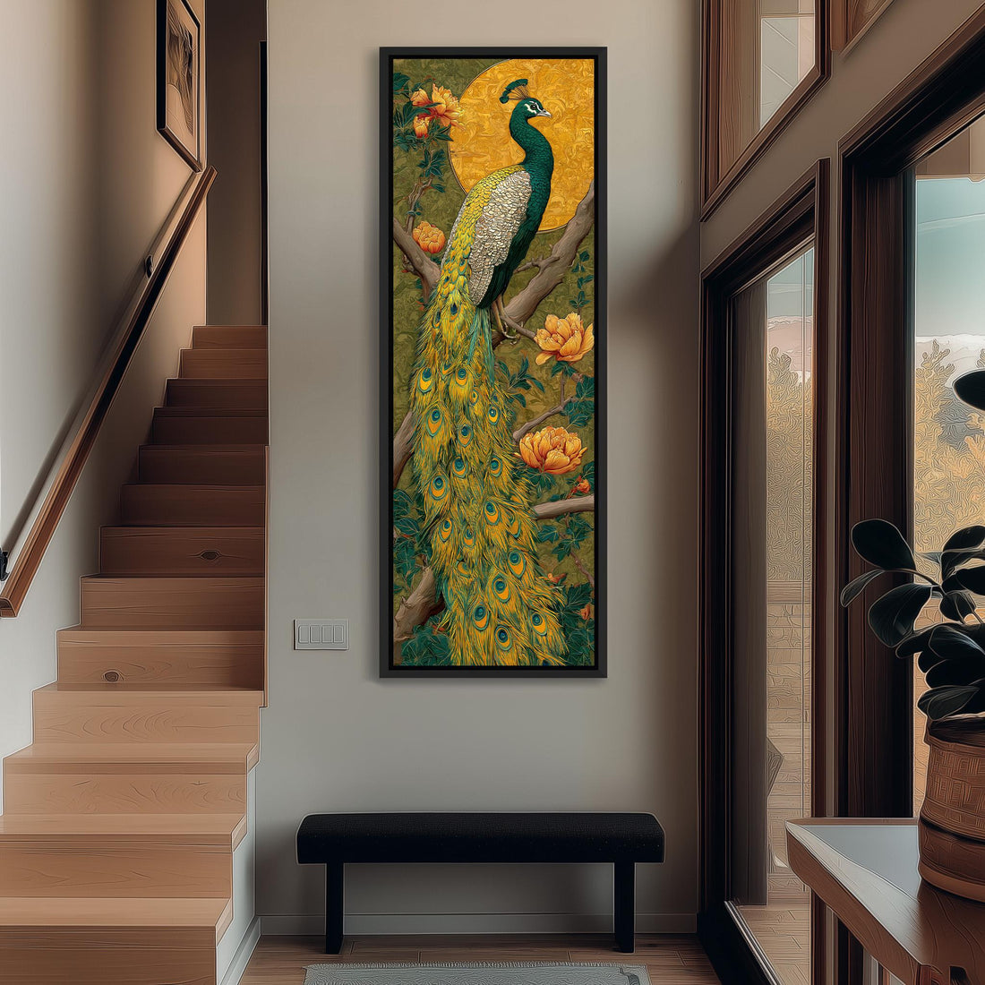 a large framed painting of a peacock perched on a branch, with its vibrant green and yellow feathers and a yellow sun in the background.