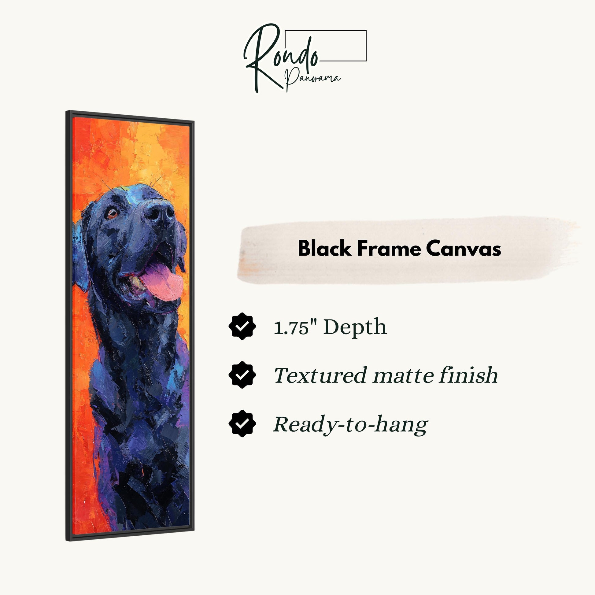 The image is a black frame canvas featuring a painting of a black dog with an orange background.