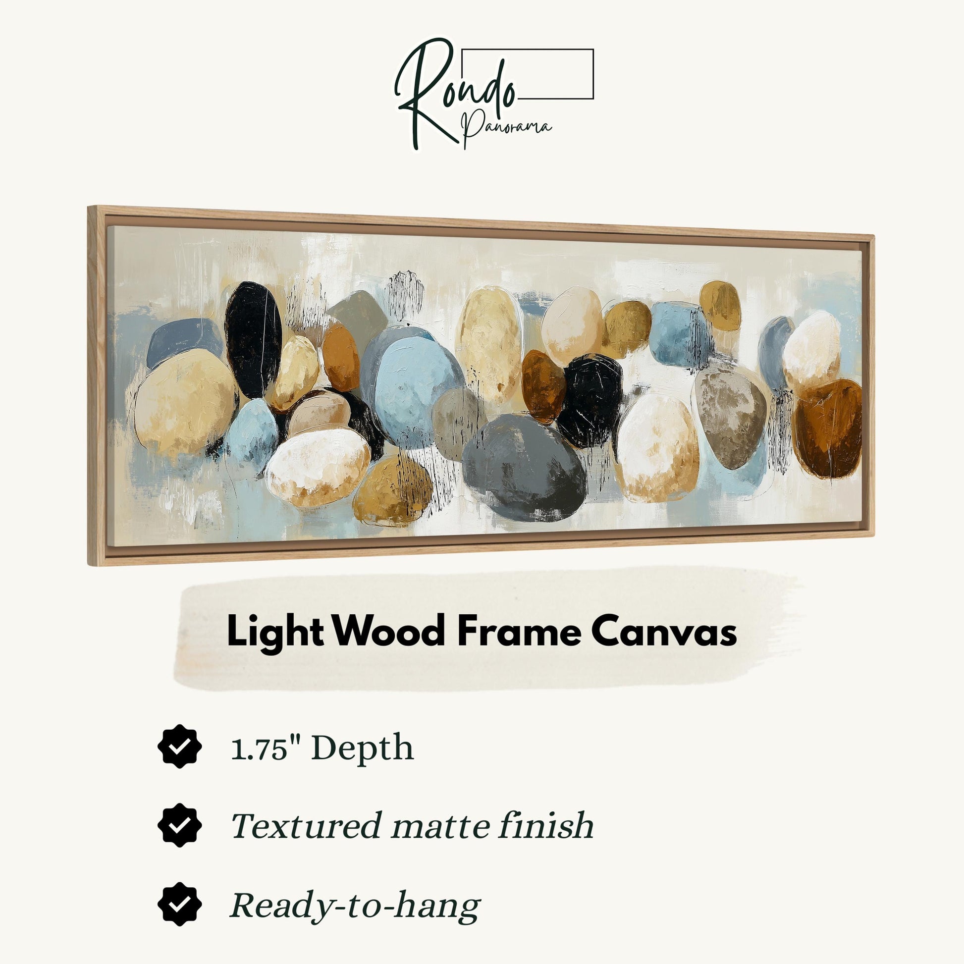 The image is a framed artwork depicting a collection of abstract shapes and textures, including various shades of brown, gray, and blue.