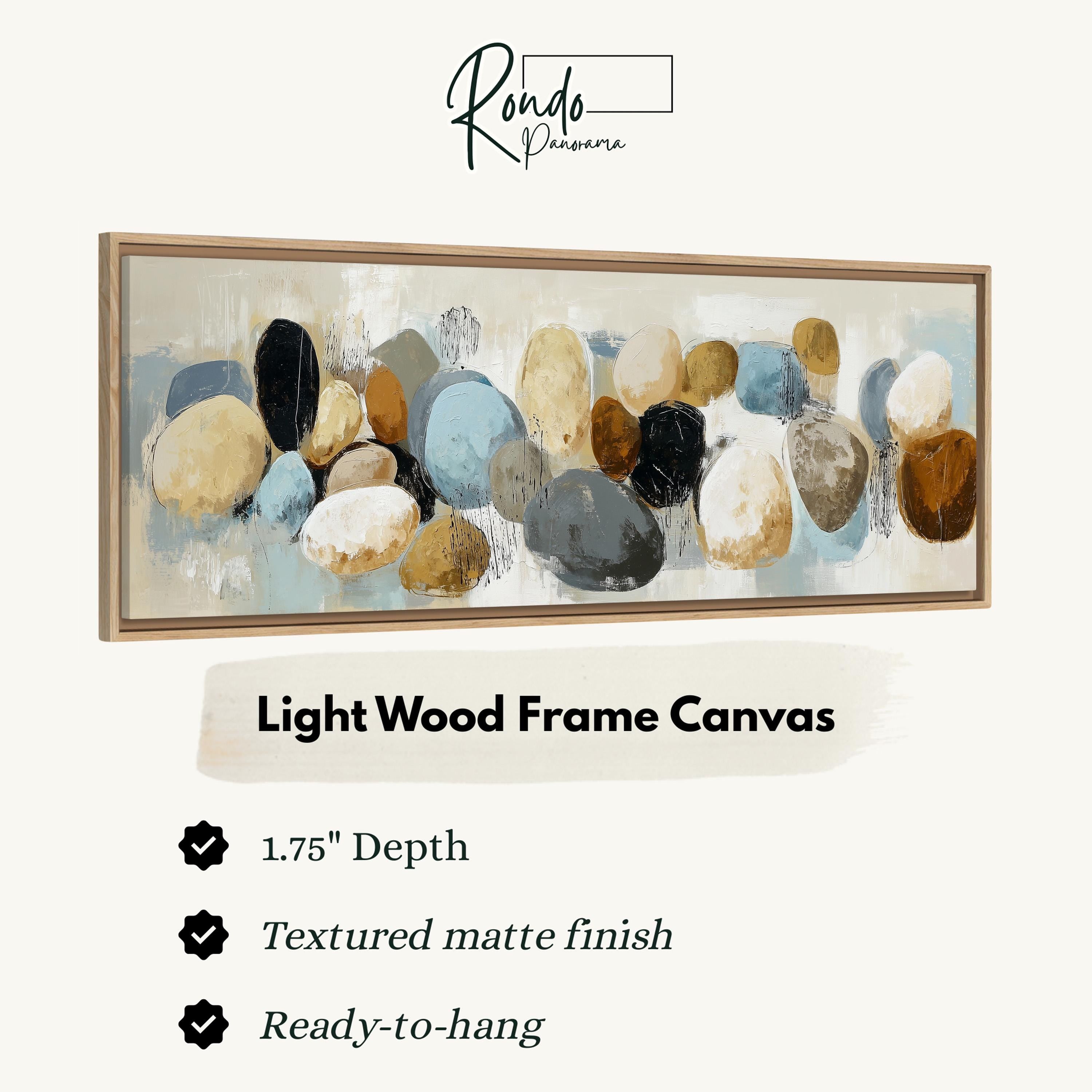 The image is a framed artwork depicting a collection of abstract shapes and textures, including various shades of brown, gray, and blue.