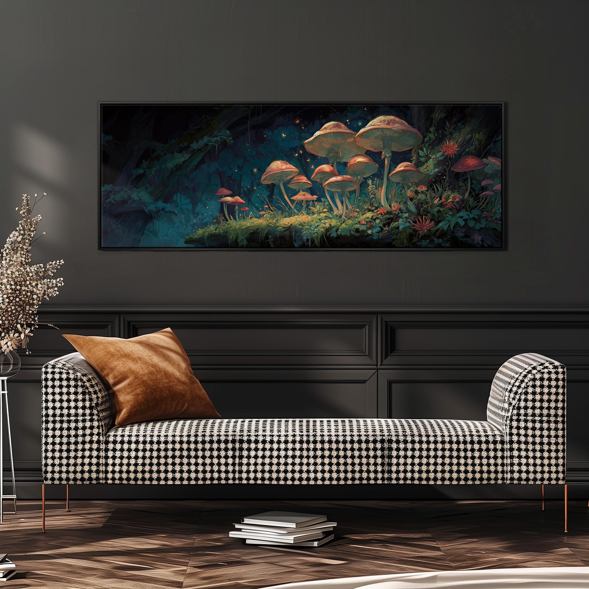 a large, colorful painting of mushrooms on a wall, with a black and white checkered sofa in the foreground.