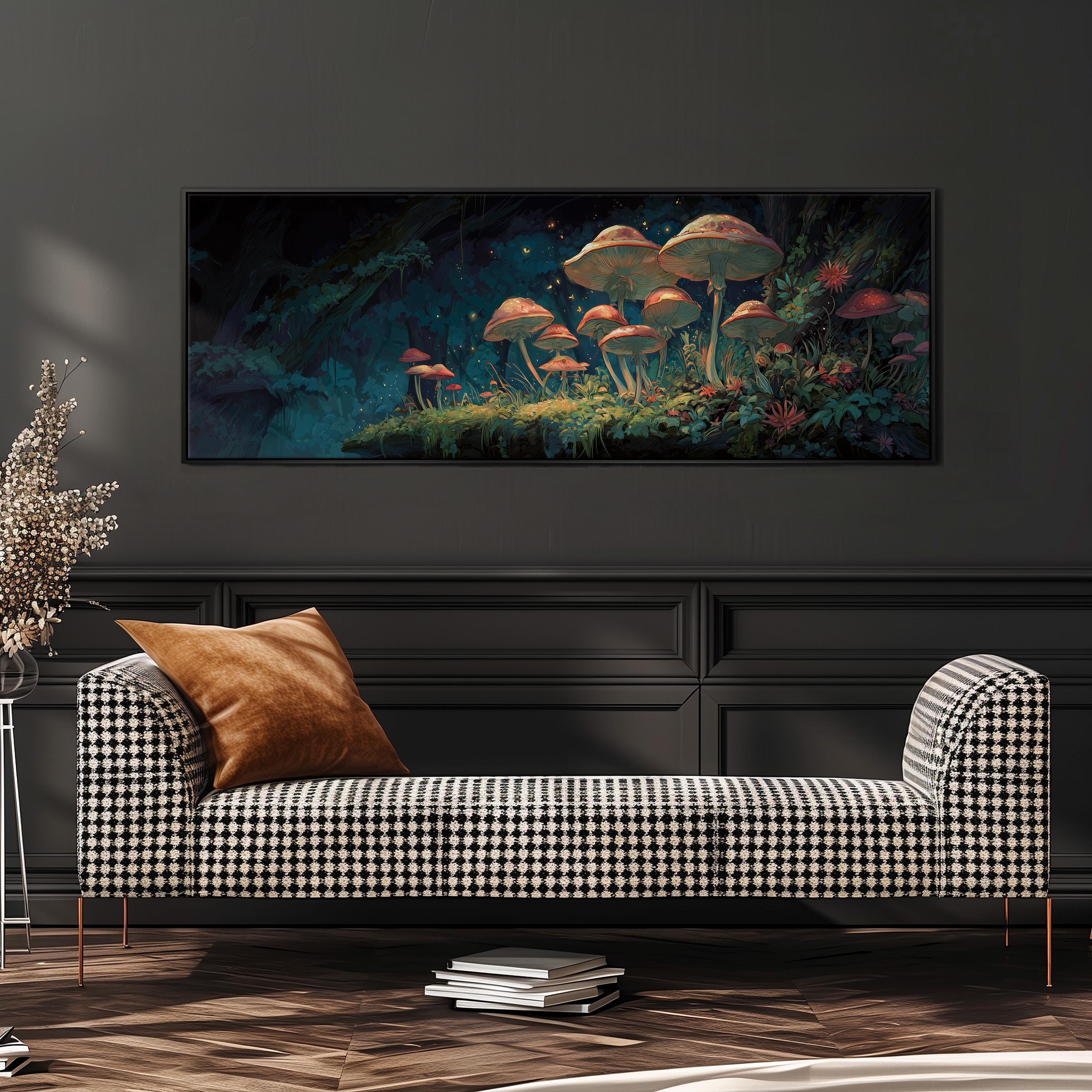 a large, colorful painting of mushrooms on a wall, with a black and white checkered sofa in the foreground.