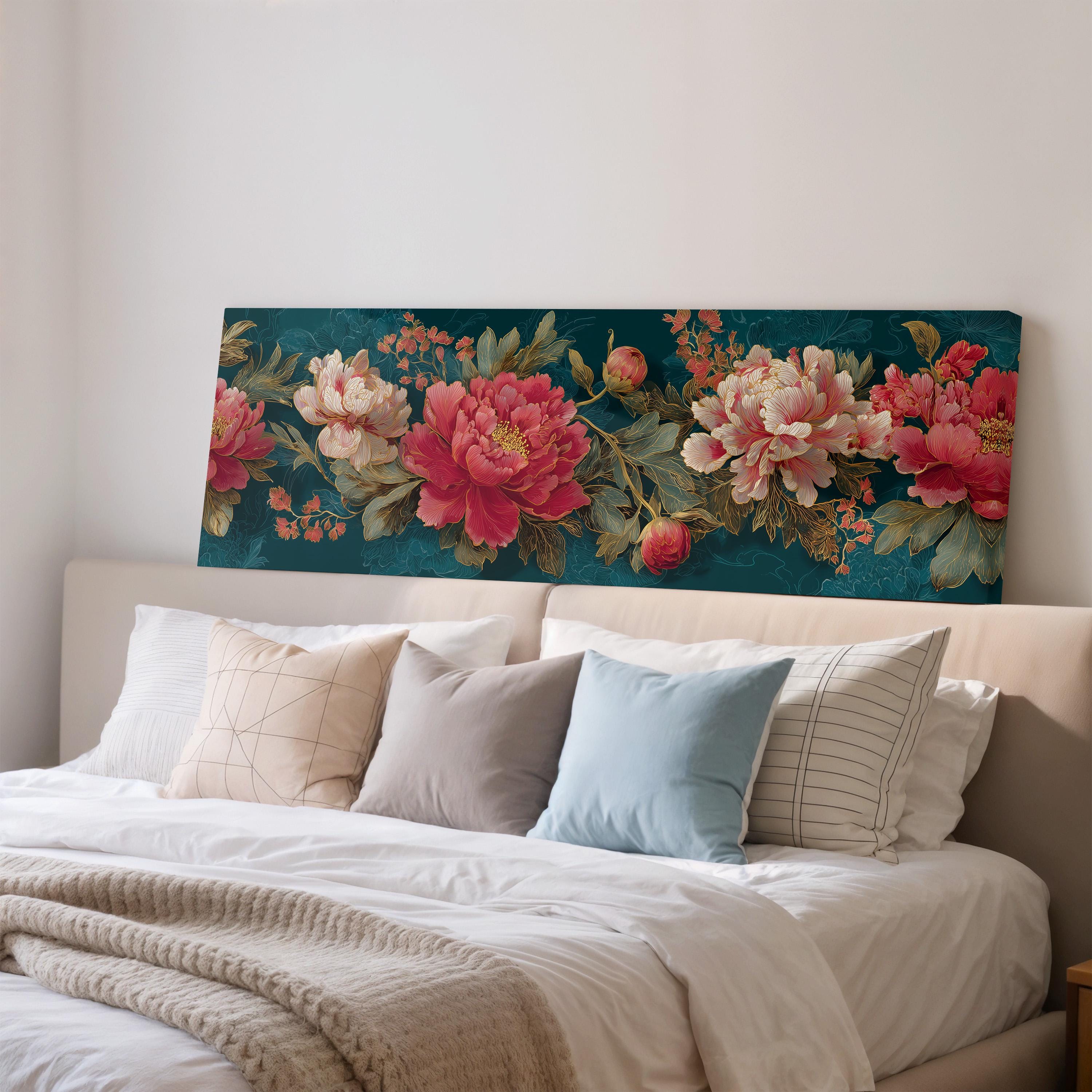 a large floral print on the wall behind a bed with a white headboard and a white bedspread.