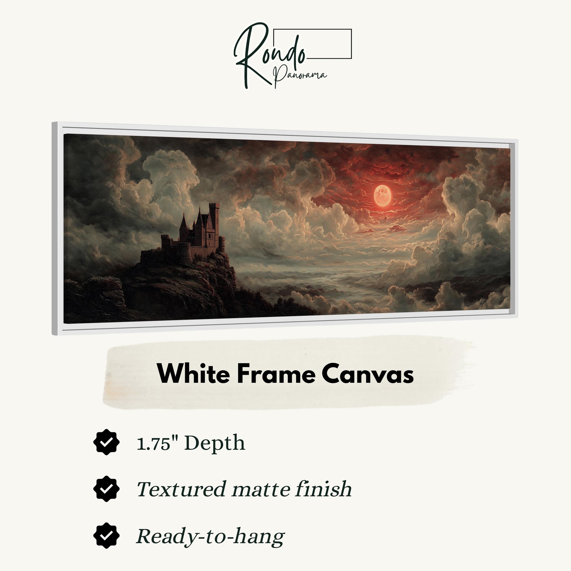 The image is a white frame canvas depicting a castle on a cliff with a red sky and clouds in the background.