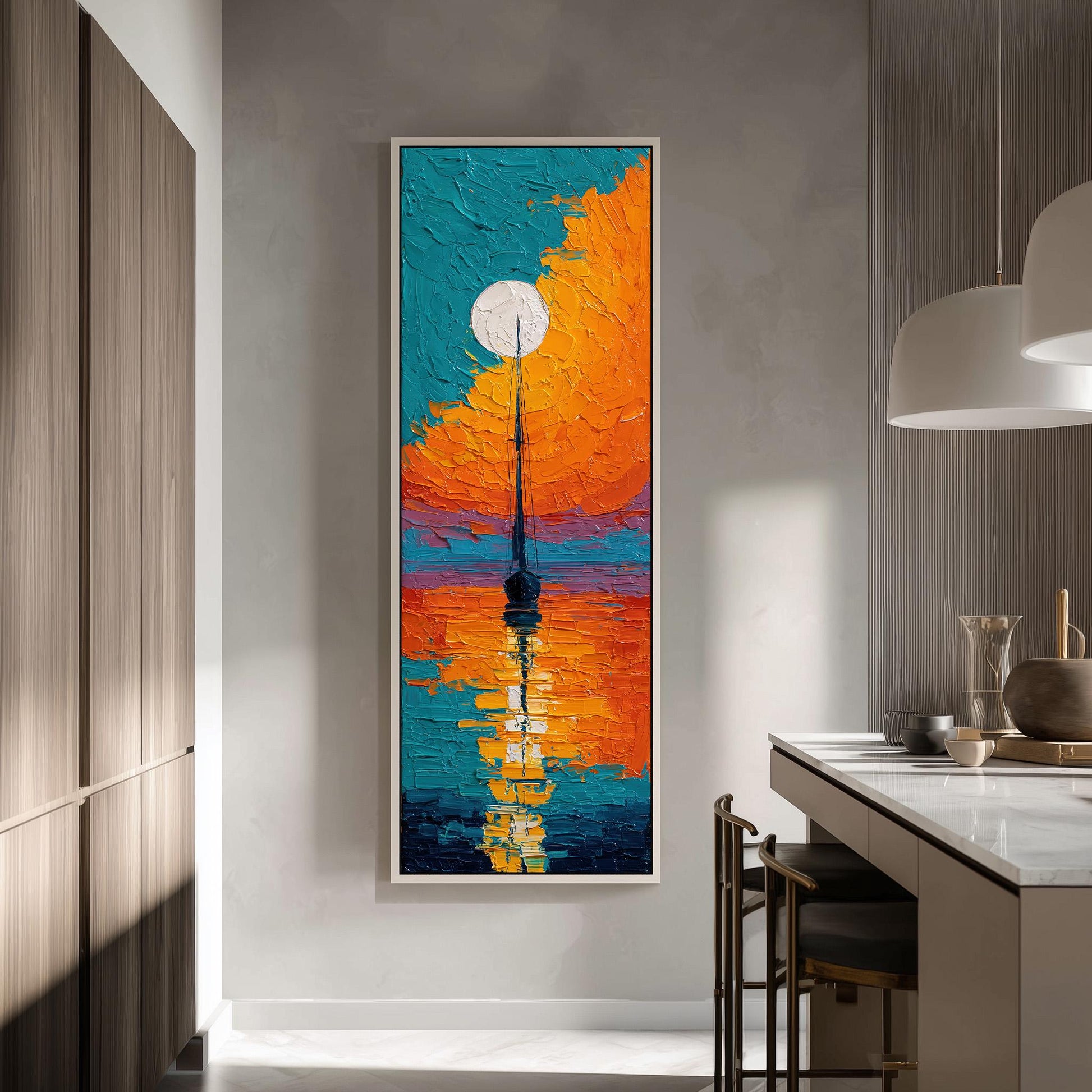 a large, colorful painting of a sailboat on the water, hanging on a wall in a modern kitchen.