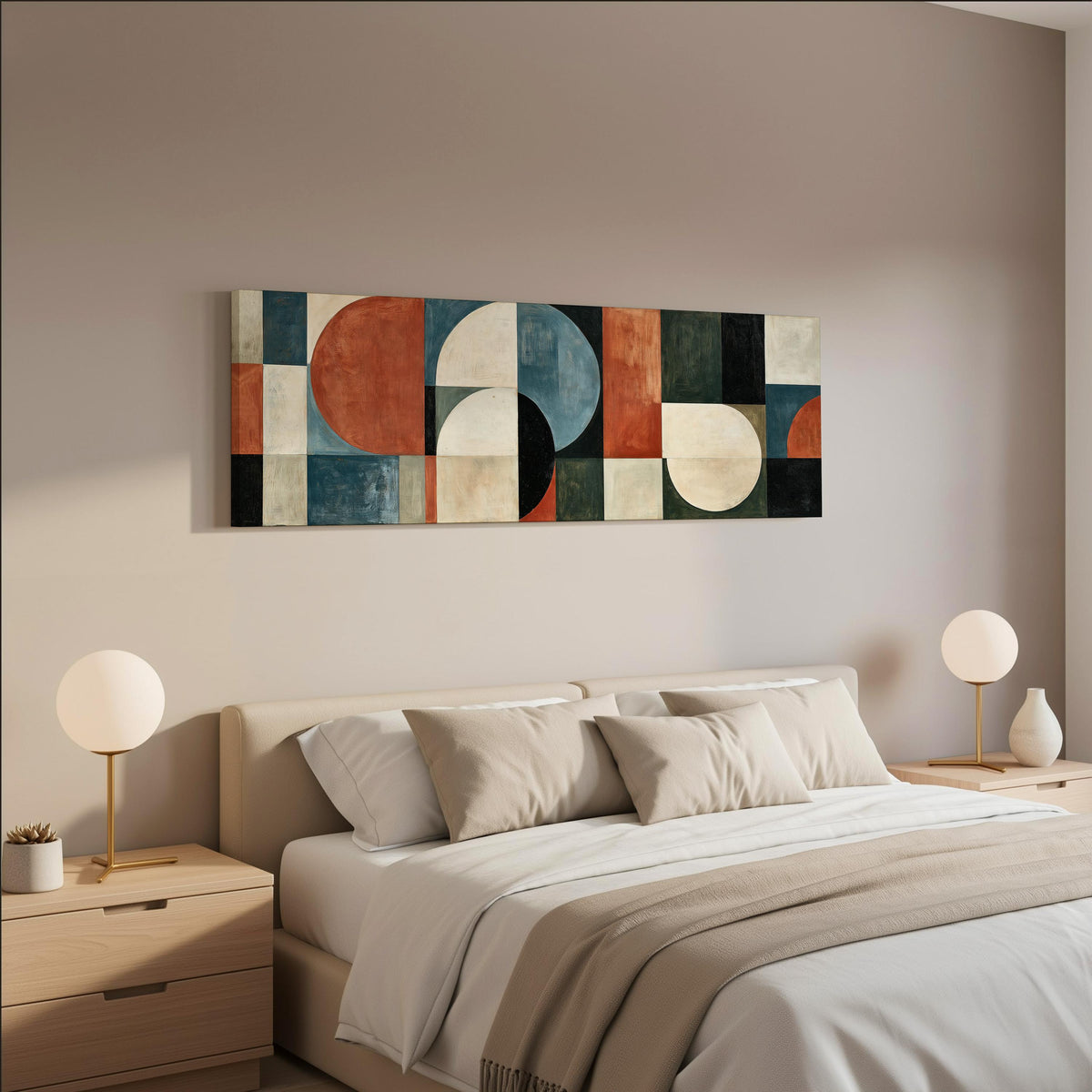 Rust and blue geometric arches and circles wide panoramic canvas print above a bed in a neutral bedroom