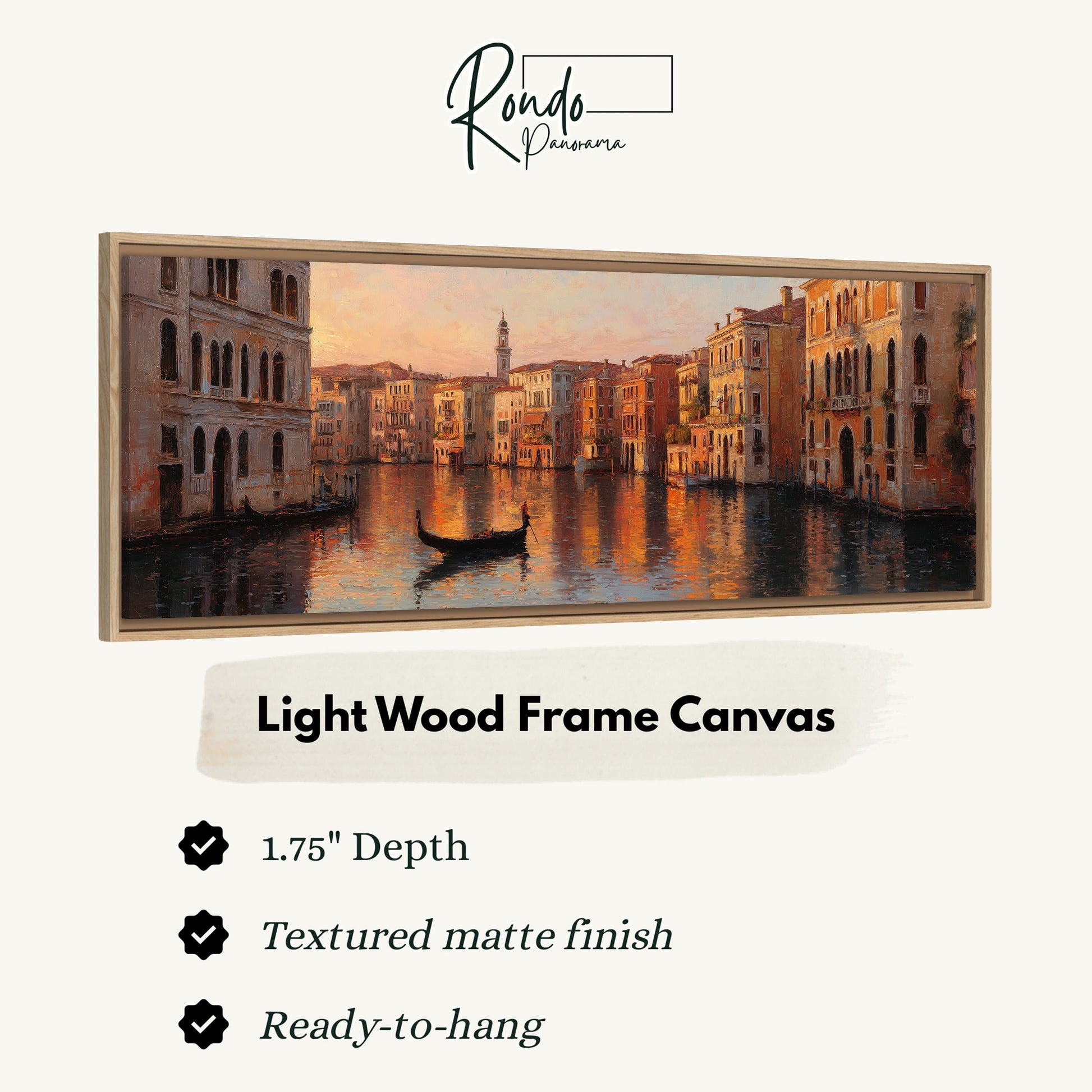 The image is a framed painting depicting a cityscape with a gondola on a canal.