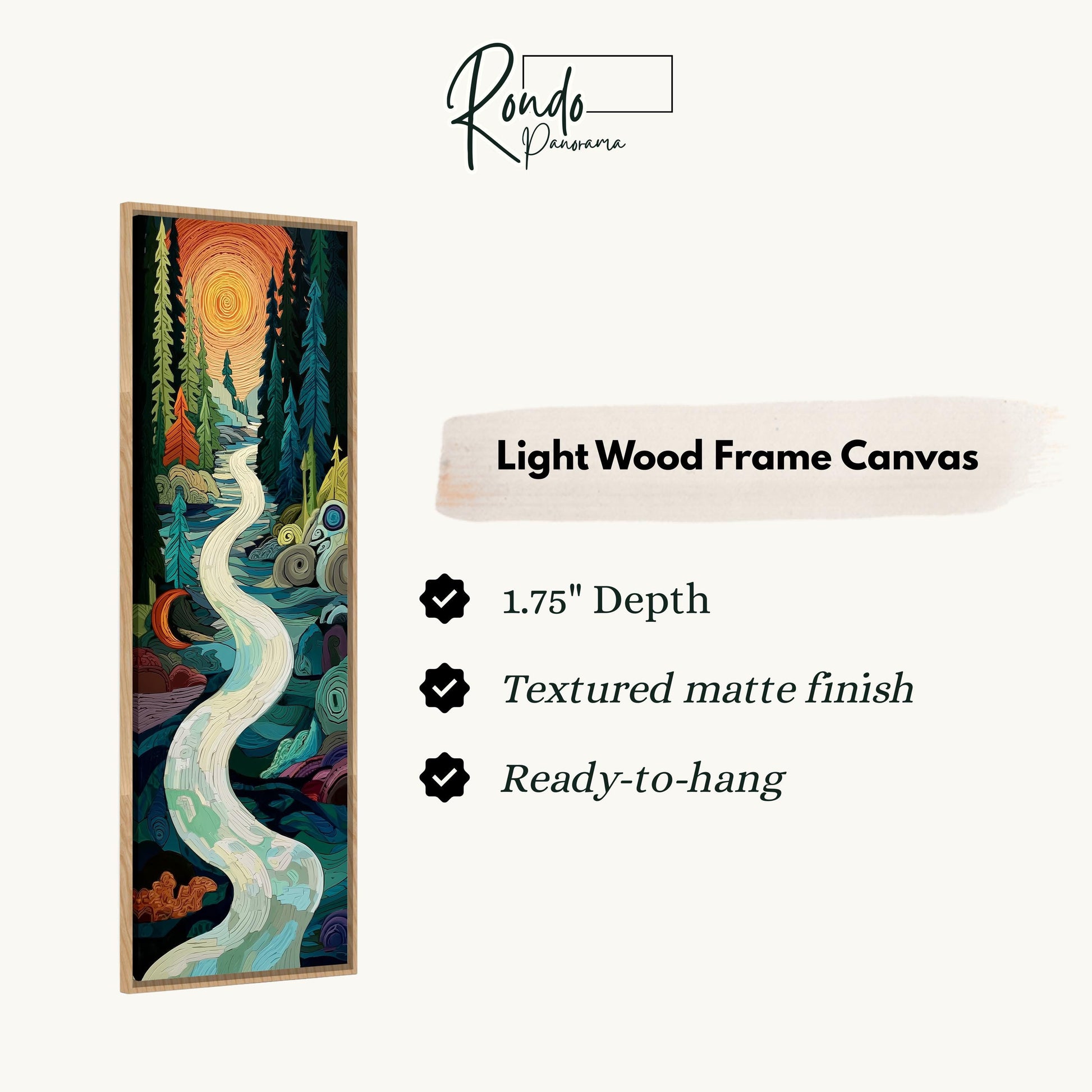 The image is a light wood frame canvas depicting a vibrant, colorful landscape with a winding river and a sunset.
