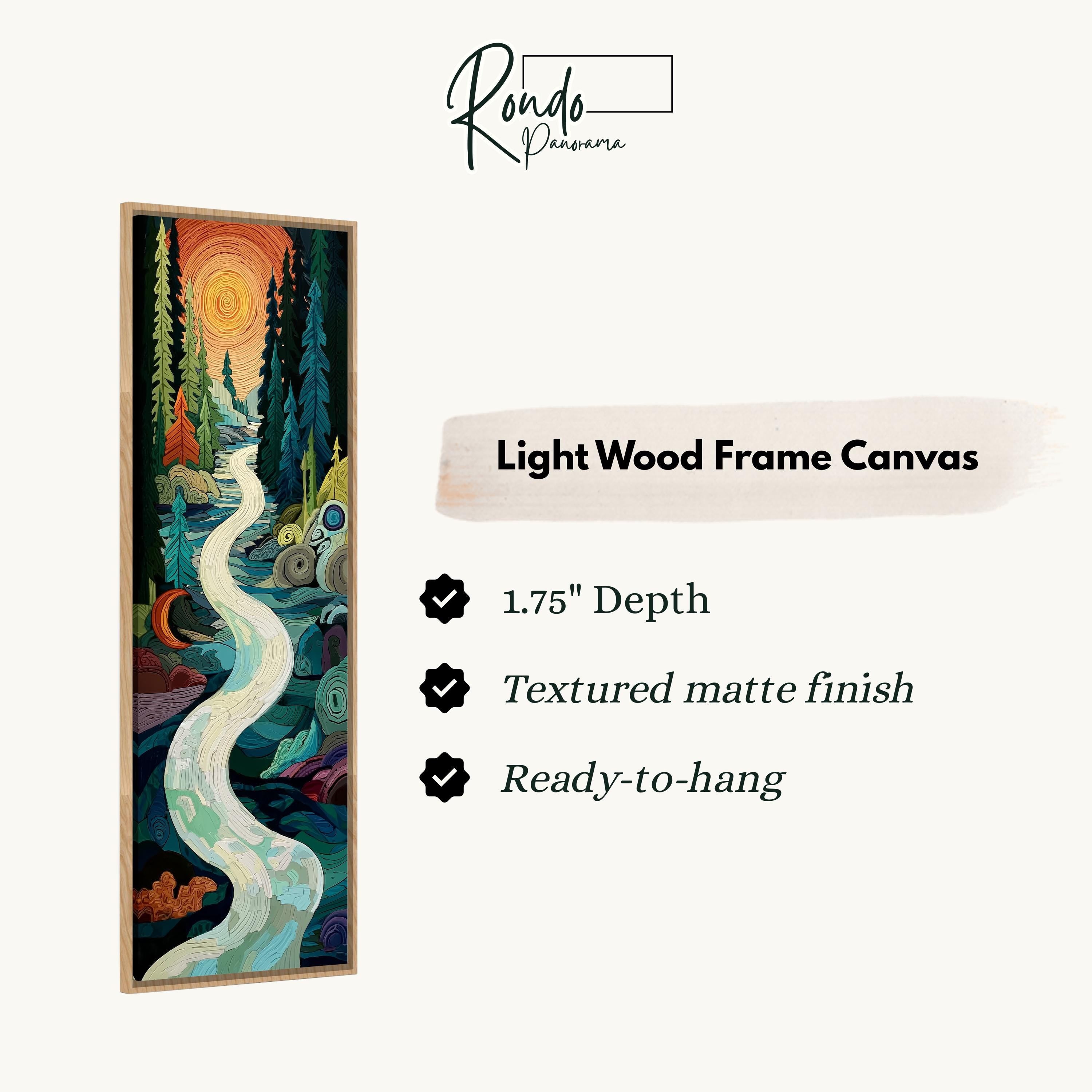 The image is a light wood frame canvas depicting a vibrant, colorful landscape with a winding river and a sunset.