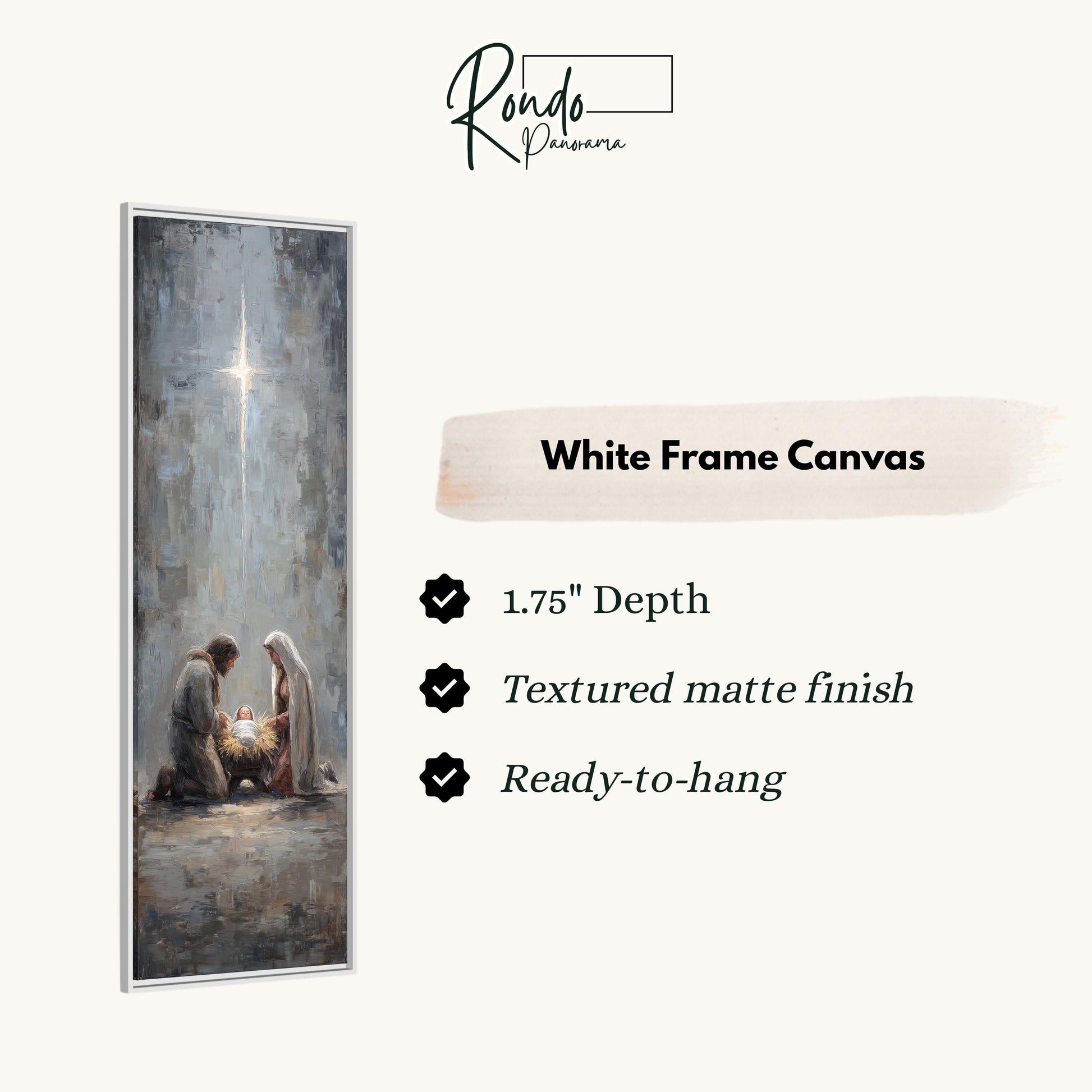The image is a white frame canvas depicting a painting of a nativity scene with a man, a woman, and a baby.