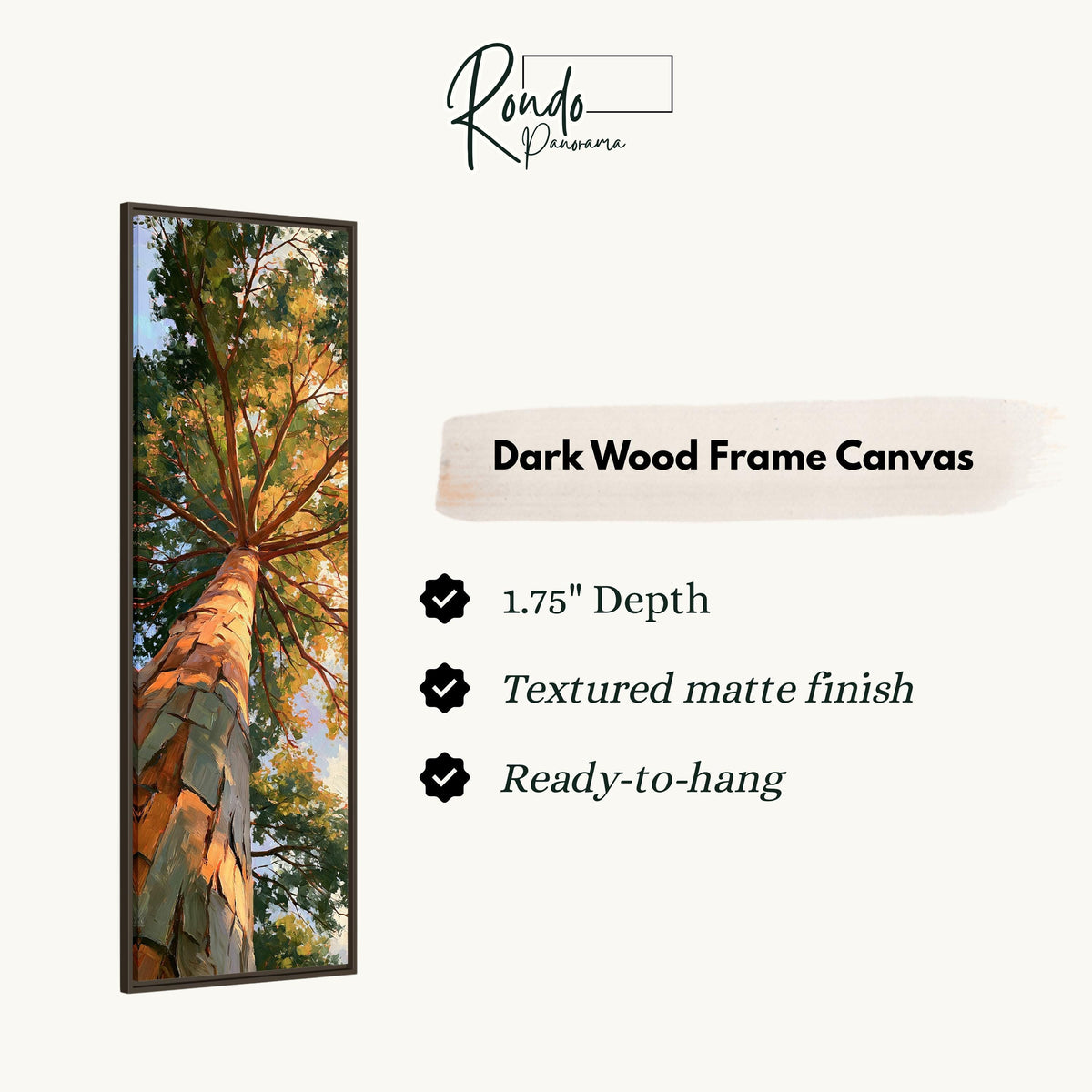 Sunlit pine trunk rising into a green and gold canopy canvas print in a dark wood floating frame