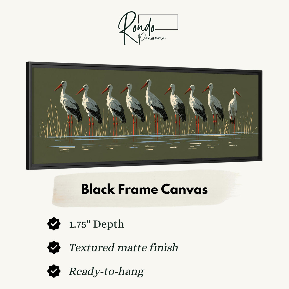 Flock of storks on olive green canvas print in a black floating frame