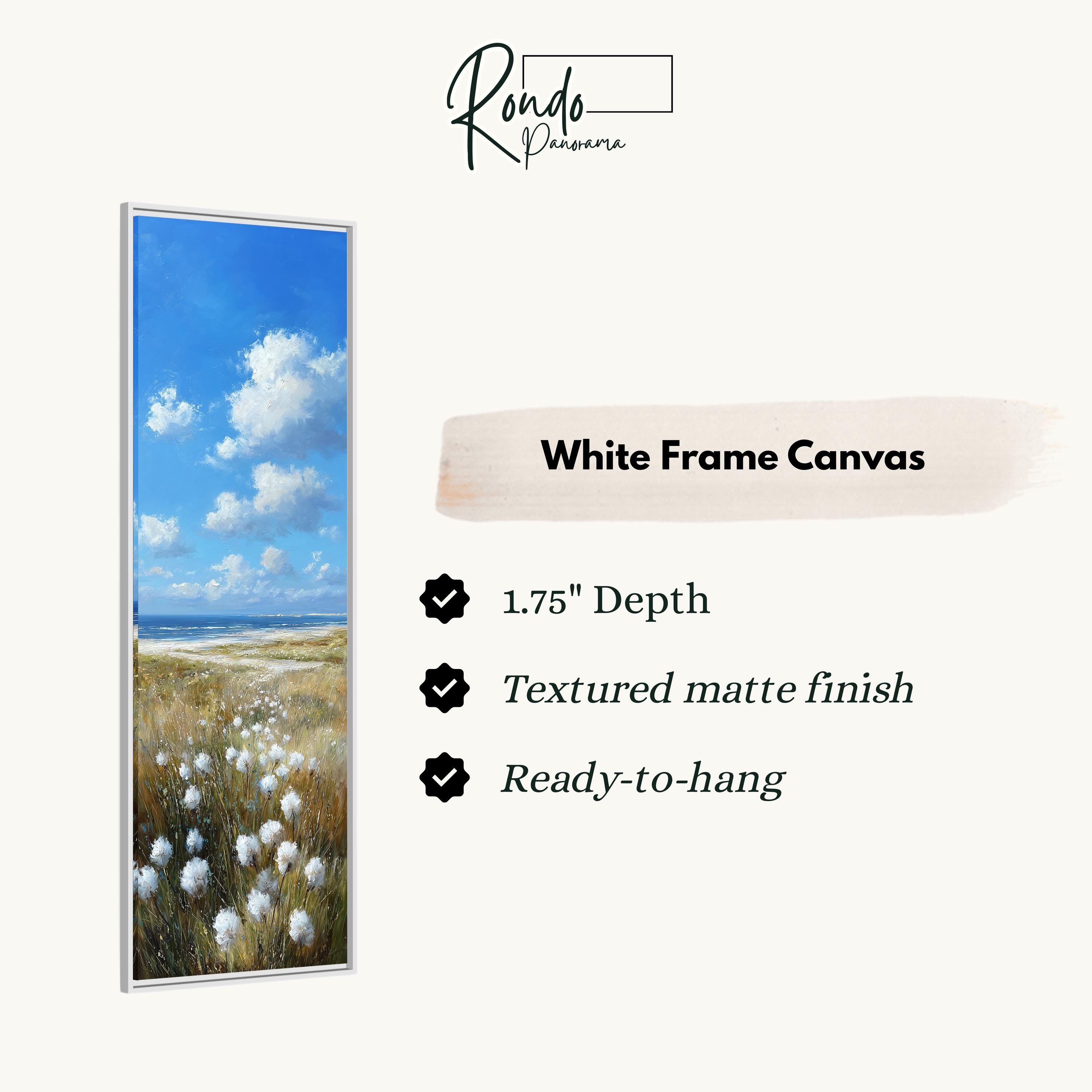 The image is a white frame canvas depicting a field of white flowers against a blue sky with clouds.
