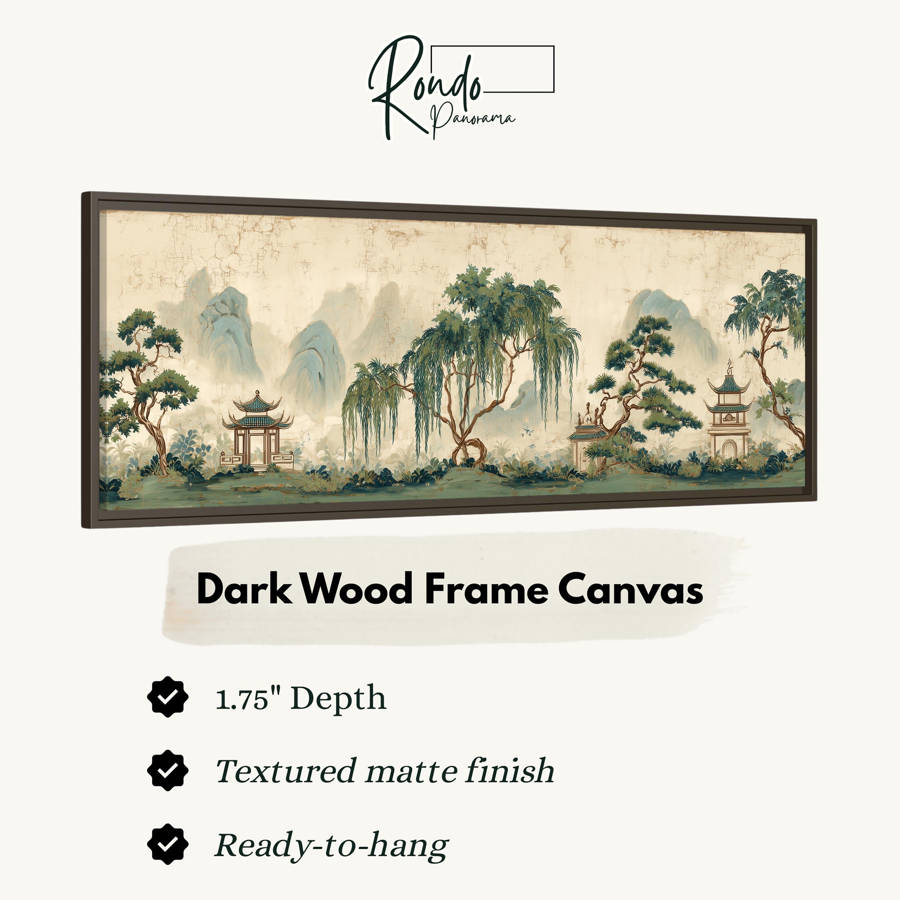 The image is a framed artwork depicting a serene landscape with mountains, trees, and pagodas. The artwork is described as a "Dark Wood Frame Canvas" with a 1.75" depth, a textured matte finish, and a ready-to-hang condition.