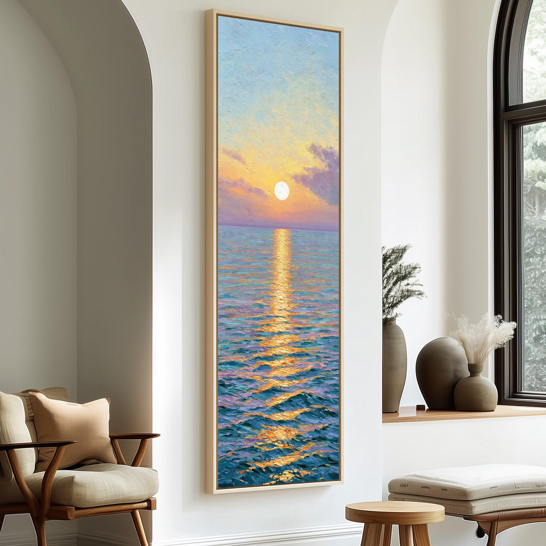 Sun setting over a pastel ocean long vertical canvas print in a sunlit living space