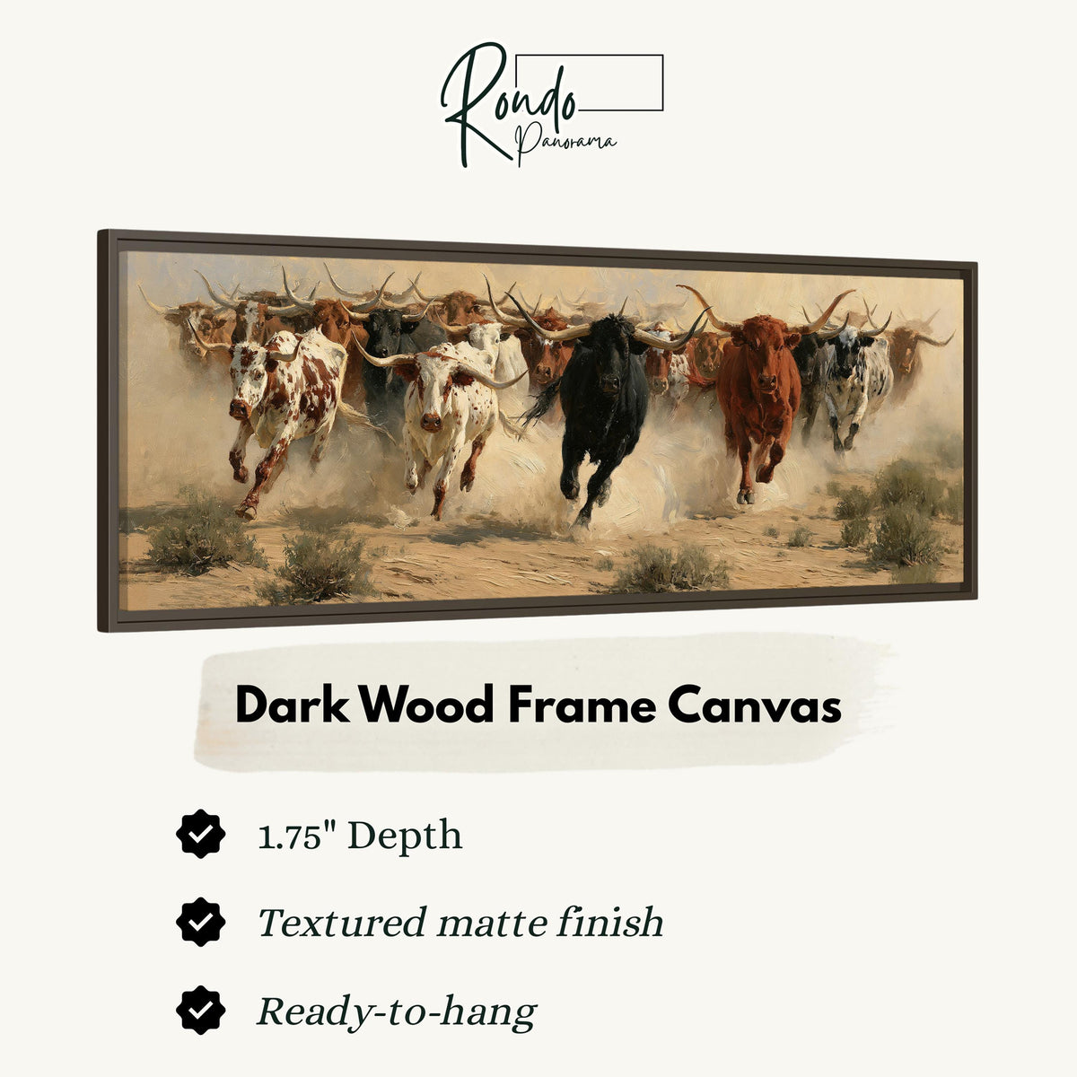 Charging longhorn herd canvas print in a dark wood floating frame