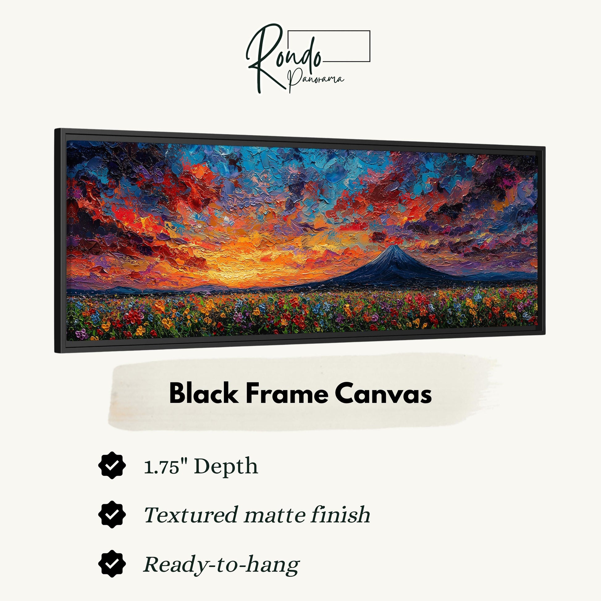 The image is a black frame canvas depicting a vibrant sunset over a field of flowers.
